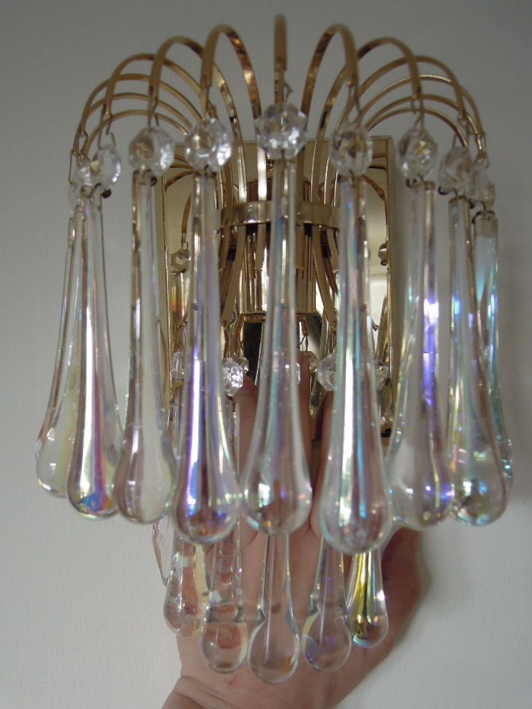 Pair Crystal Teardrop Murano Glass Wall Sconces, Italy, 1950s photo vinterior