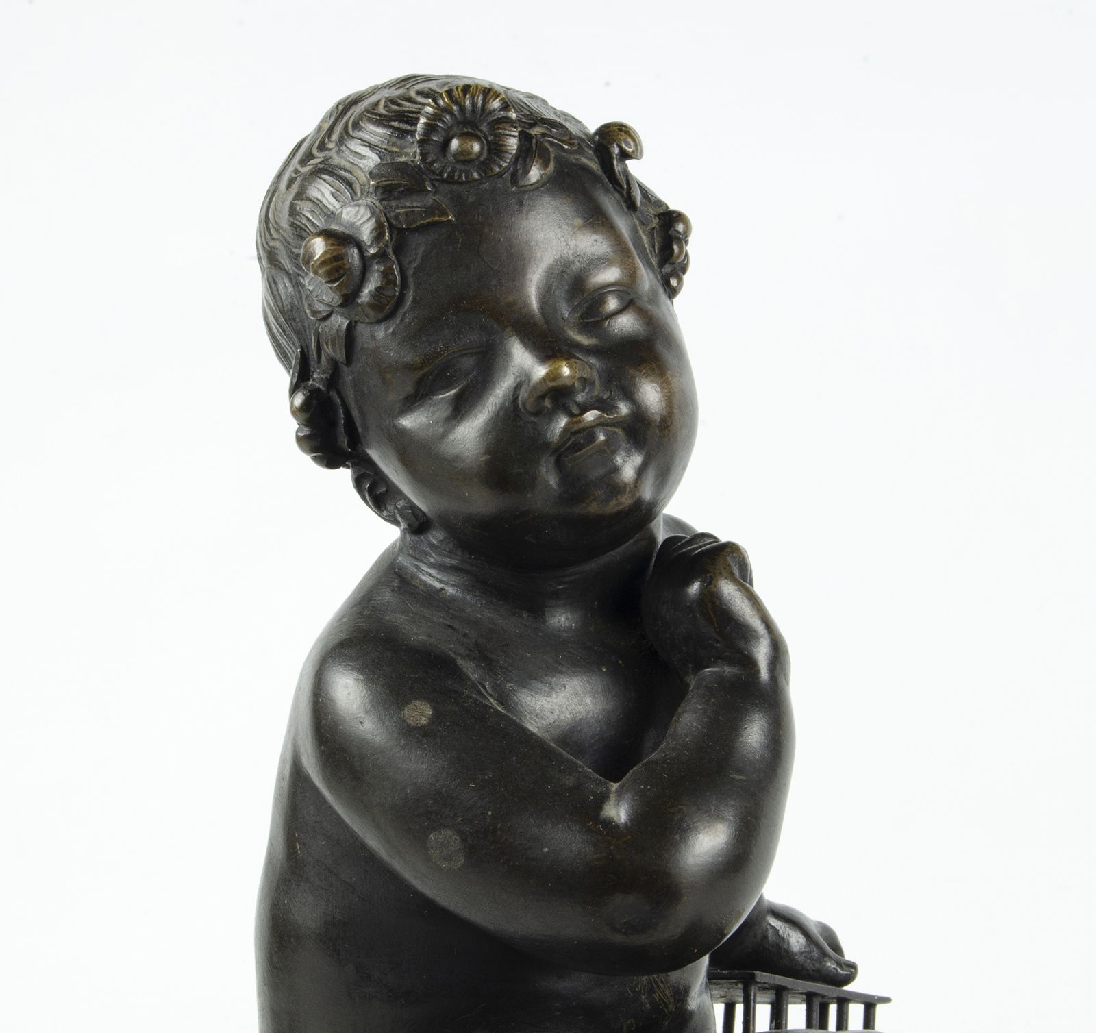 19th Century Patinated Bronze Sculpture Of A Child Holding A Birdcage Based On A Design By Jean Baptiste Pigalle, France photo vintage