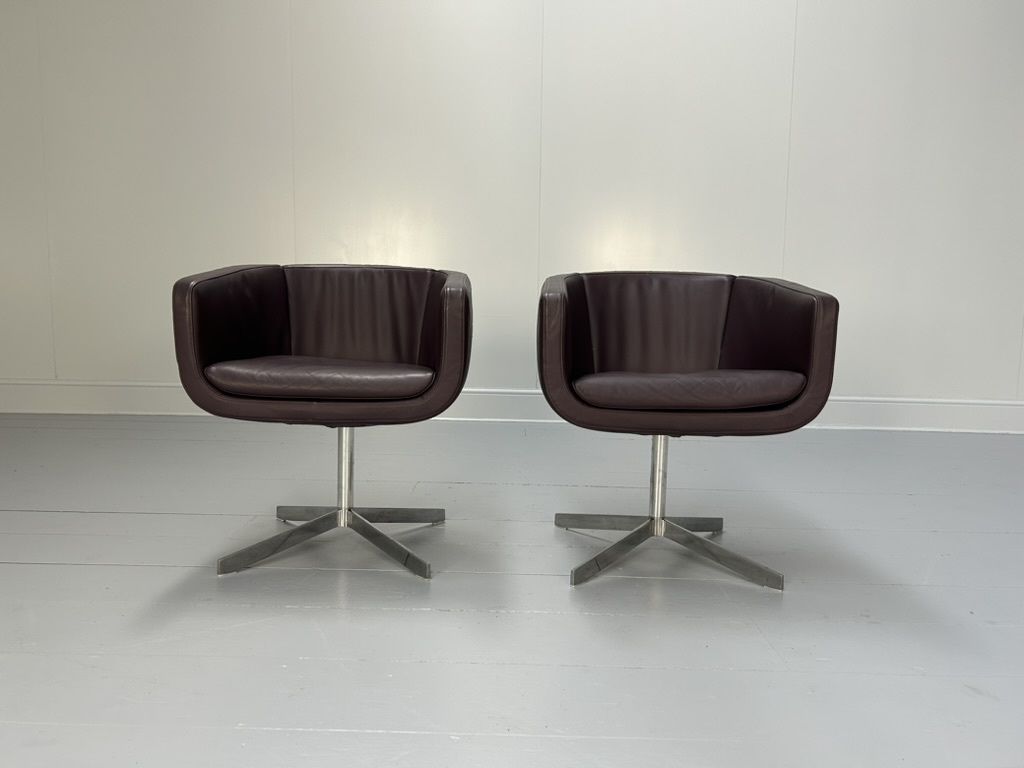 Pair Of B&B Italia “Tulip Sixty” Armchairs – In Aubergine Purple “Gamma” Leather photo furniture