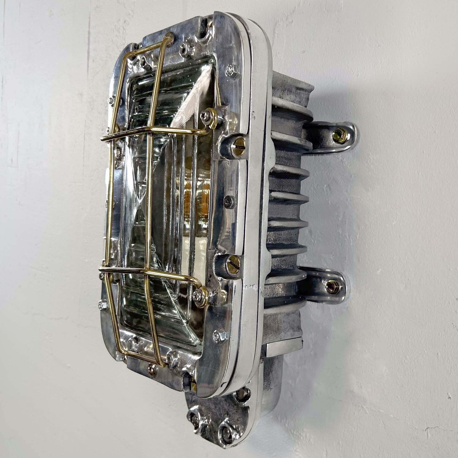 Large Industrial Rectangular Aluminium Wall Light With Brass Cage photo 360.0