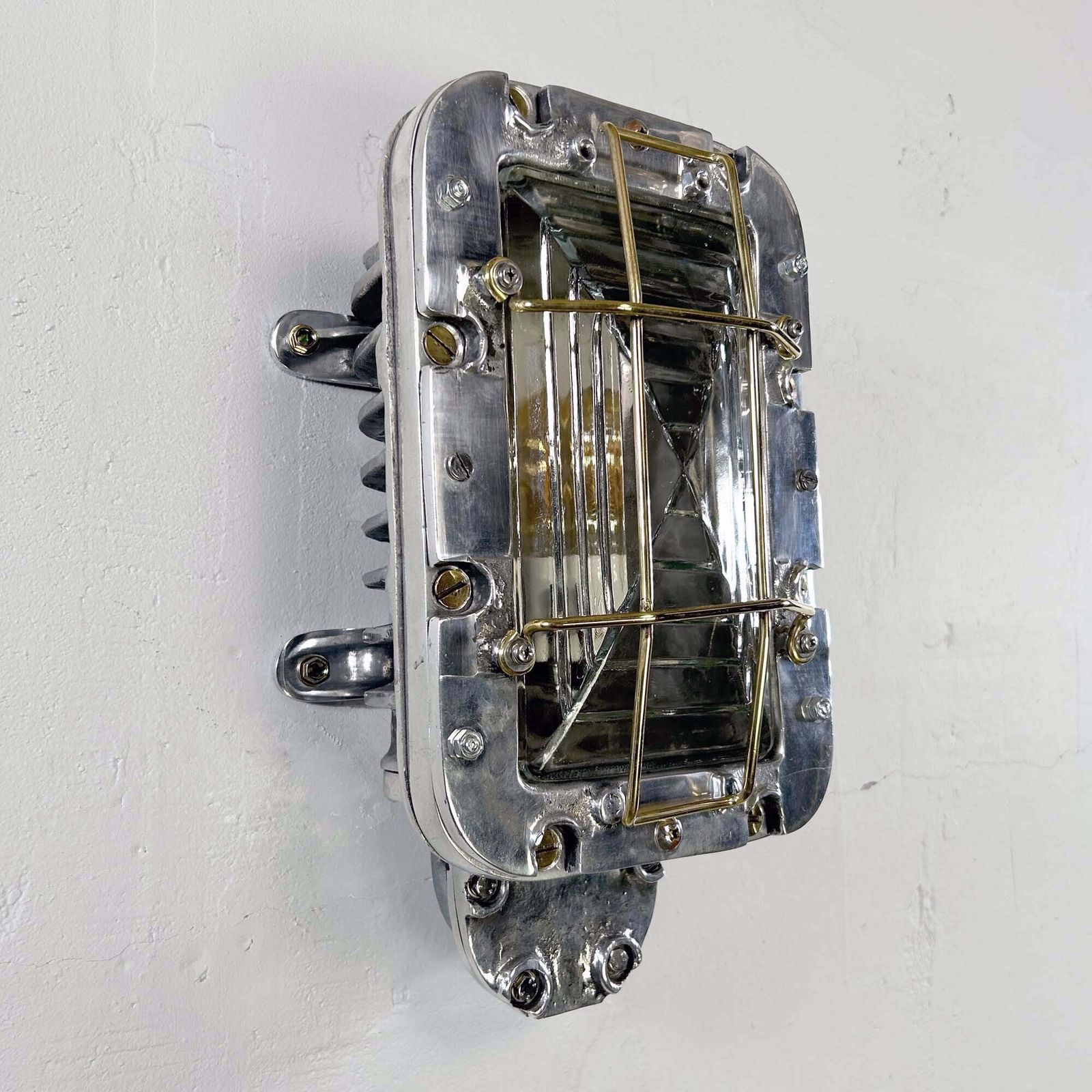 photo buy Large Industrial Rectangular Aluminium Wall Light With Brass Cage
