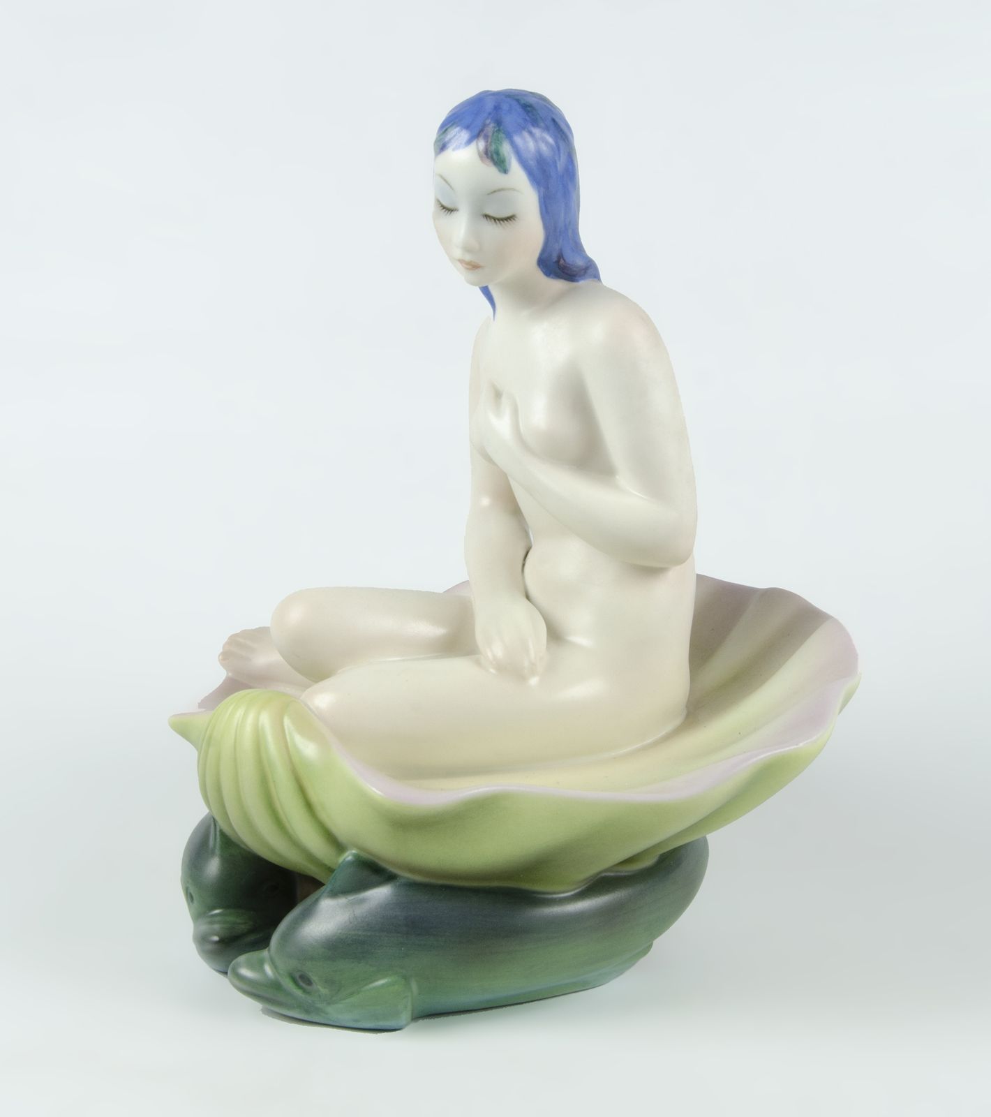 1930s Torino Glazed Porcelain Sculpture Of Seated Venus On Shell Over Dolphins, Manufactured By Lenci, Italy photo 1575.0