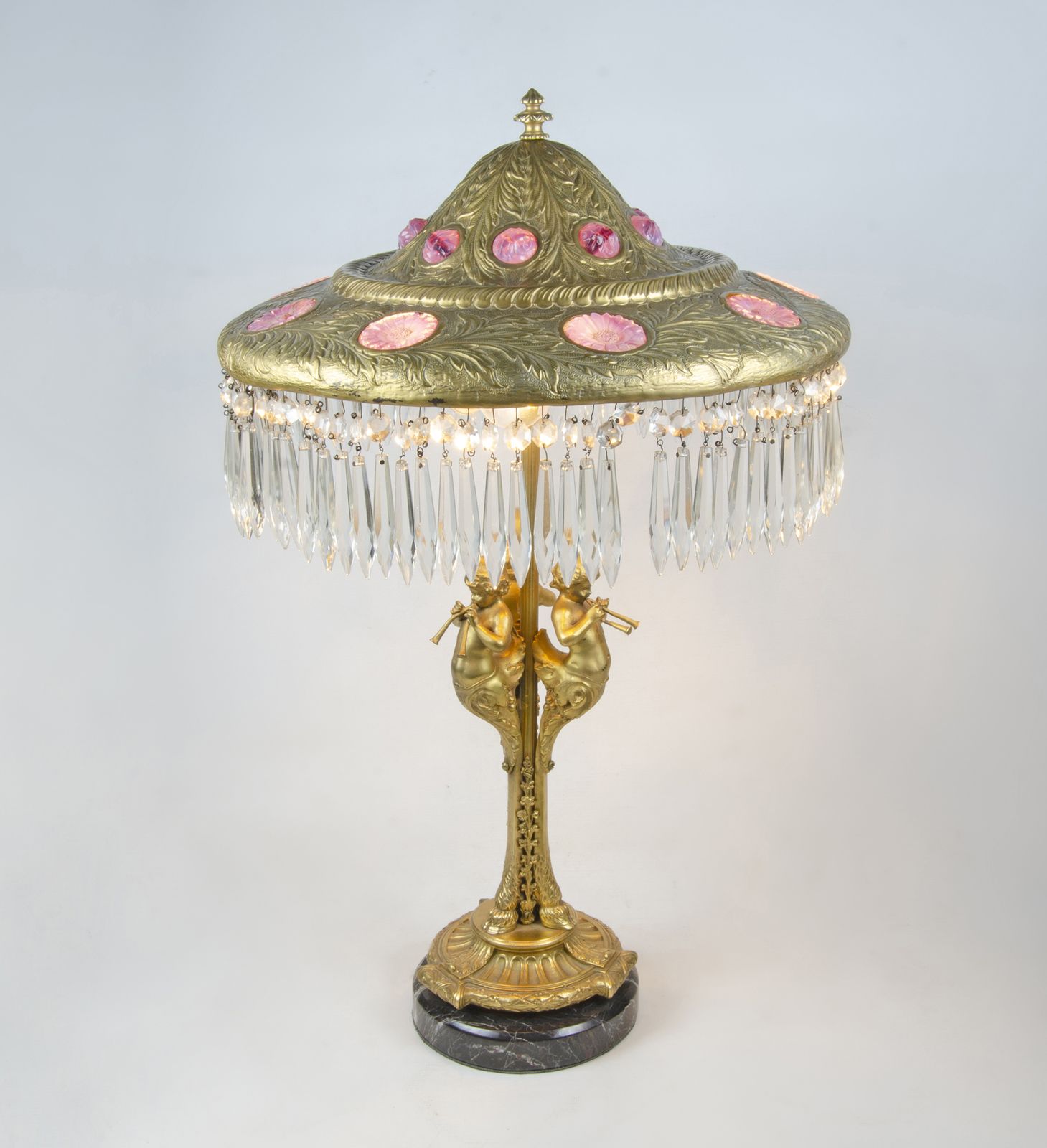 19th Century Louis XVI Style Gilt Bronze Sculptural Table Lamp With Pink Glass Accents, France photo for sale