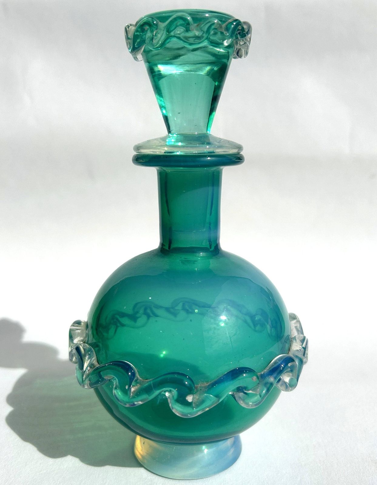 Mid Century Murano Cased Opalescent Blue Glass Decorative Scent/Perfume Bottle With Rigaree Italy photo 90.0