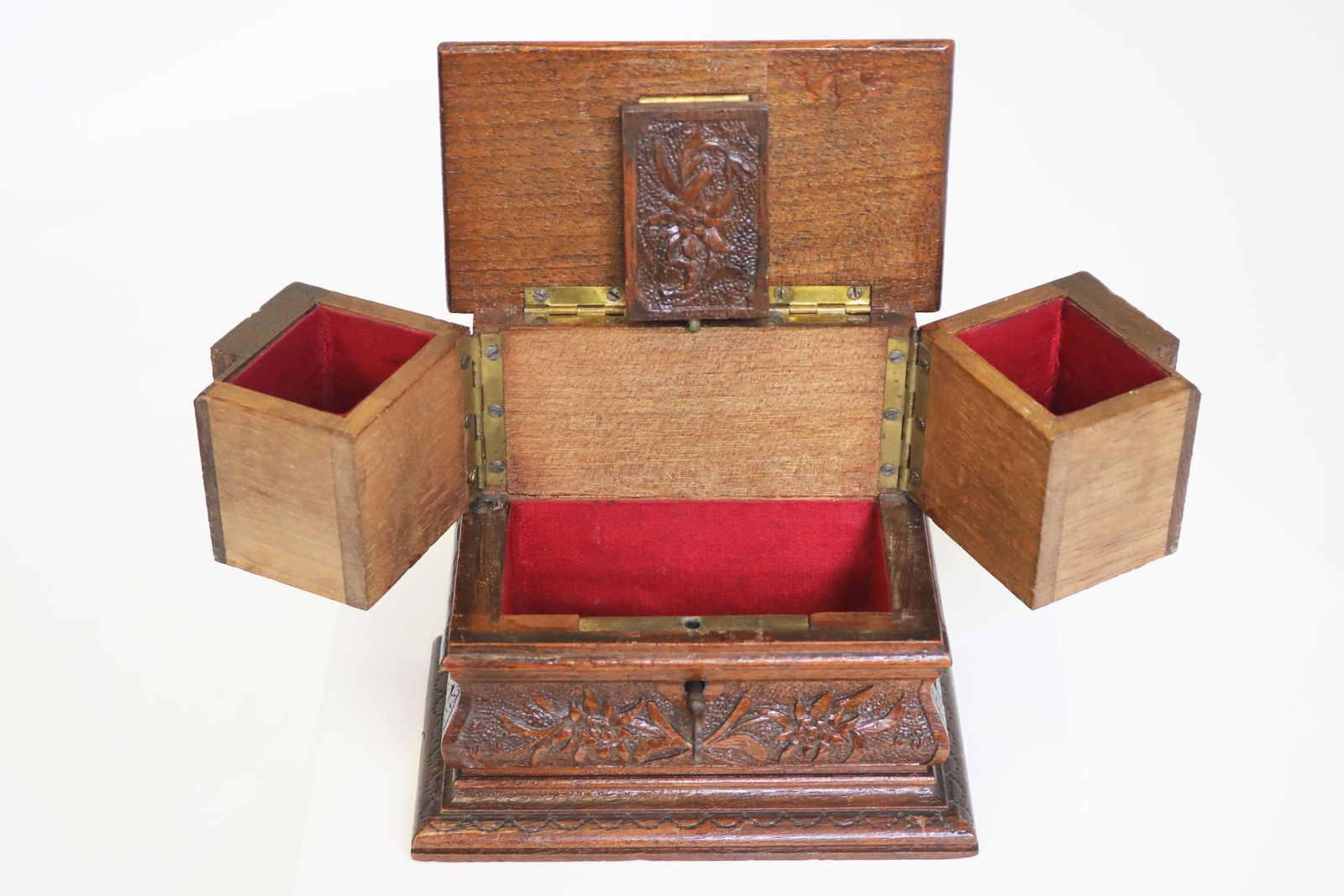 Antique Black Forest 19th Century Jewelry Box Carved Fruitwood Red Velvet Chest photo vinterior