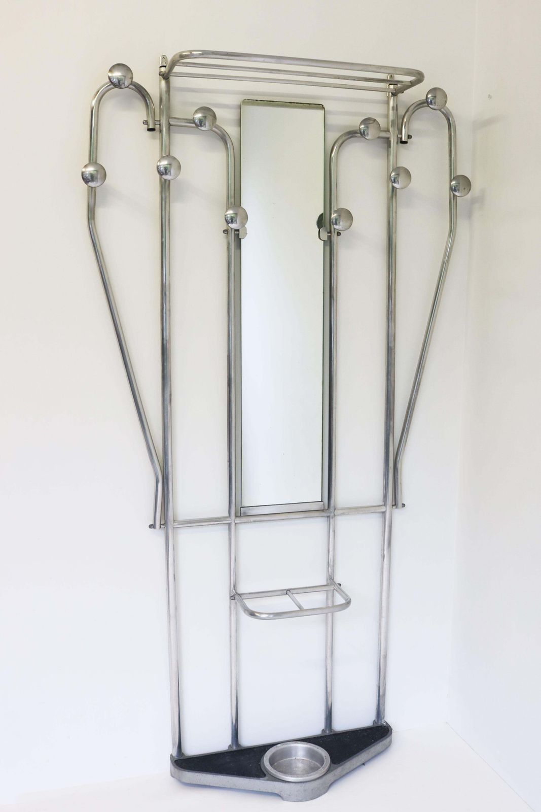 Art Deco Polished Aluminum Hall Tree Umbrella Stand Coat Rack Bauhaus photo furniture
