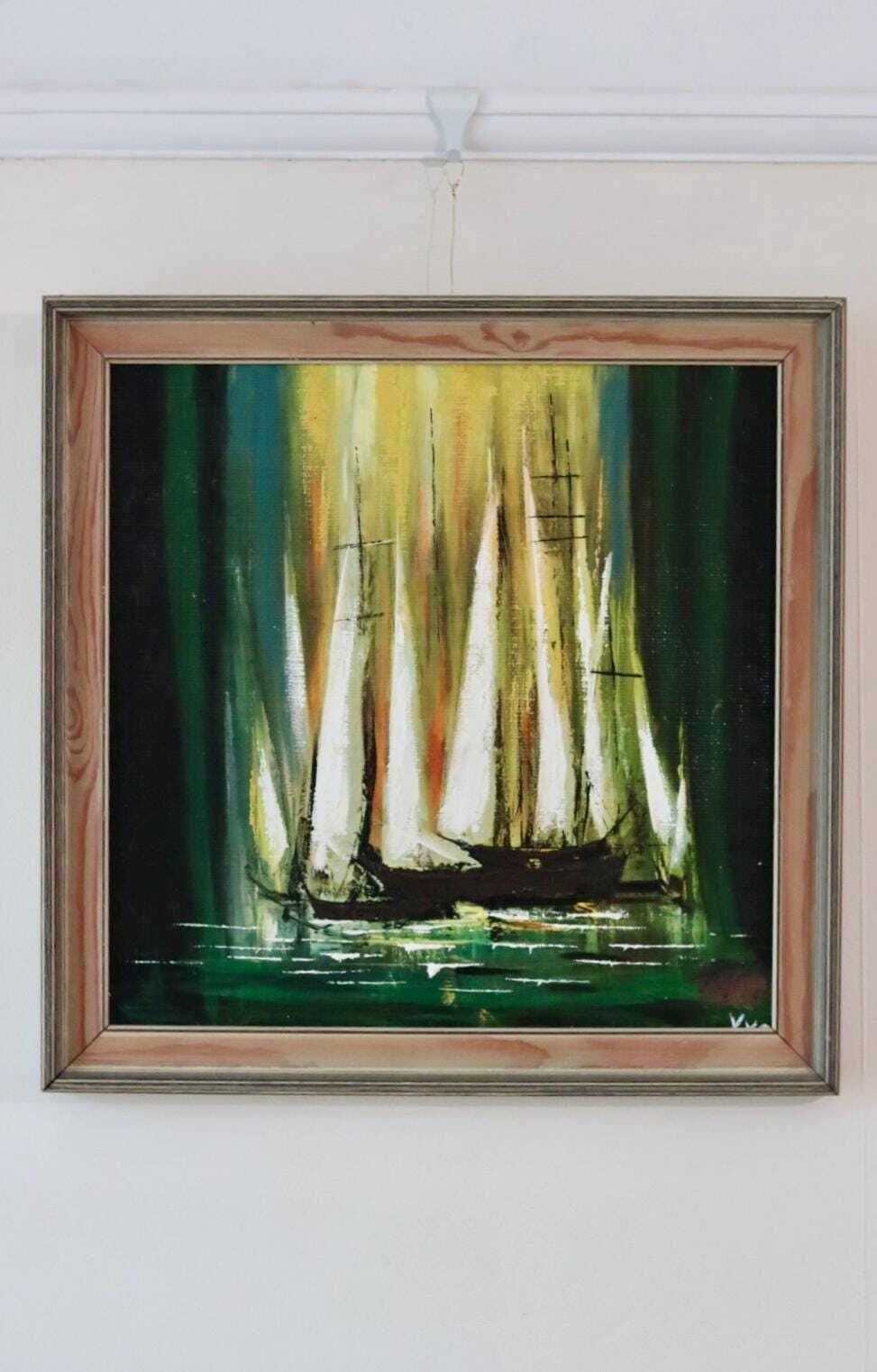 Mid 20th Century Original Oil On Canvas – Boats –  Vintage & Framed, 49 X 49 Cm / 19.3 X 19.3 In photo furniture