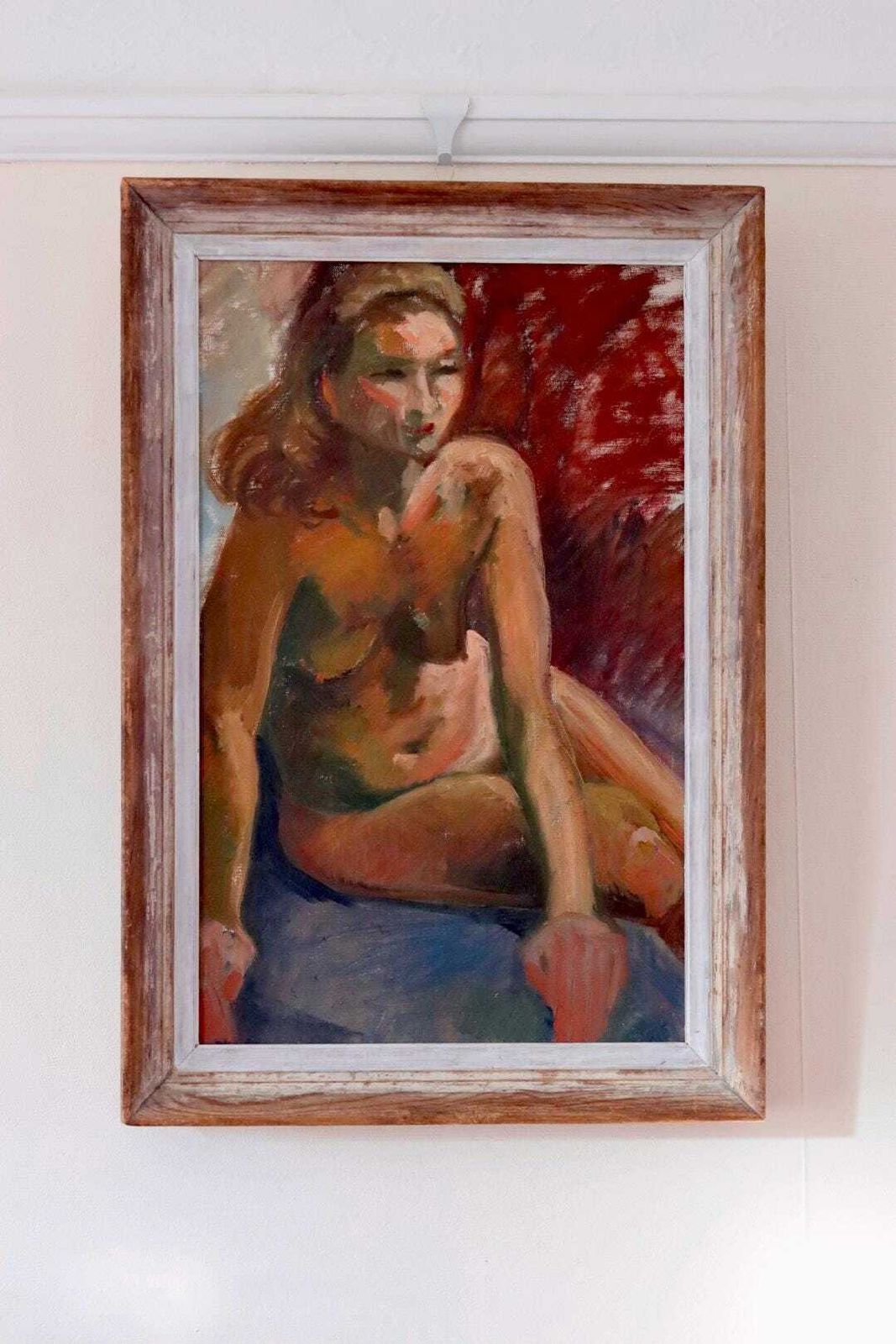 Mid 20th Century Original Oil On Canvas – Nude Woman – Vintage & Framed, 41 X 60 Cm / 16.1 X 23.6 In photo furniture