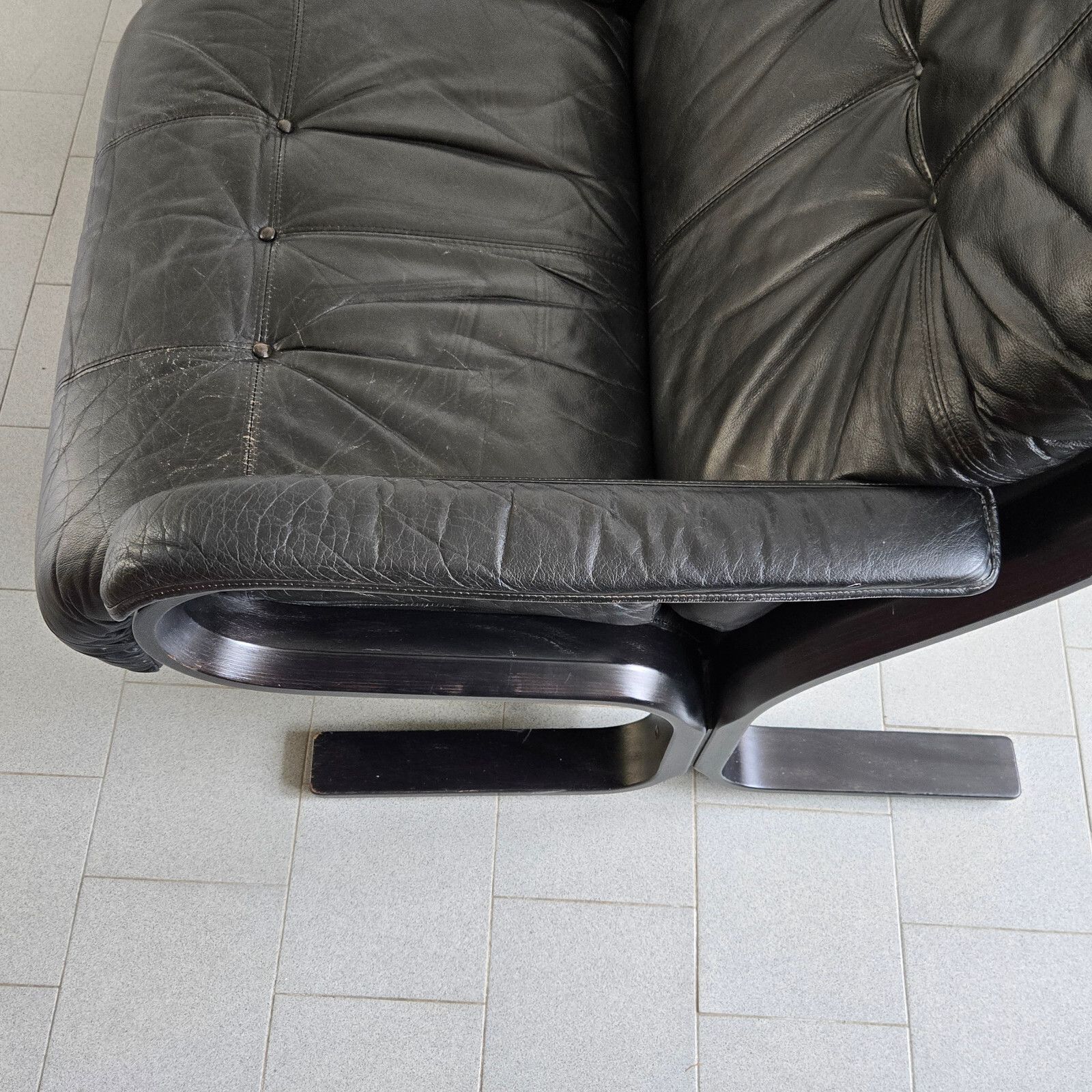 photo for sale Vintage 1970 Scandinavian 2 Seater Sofa Black Leather & Wood Curved 70s 1970