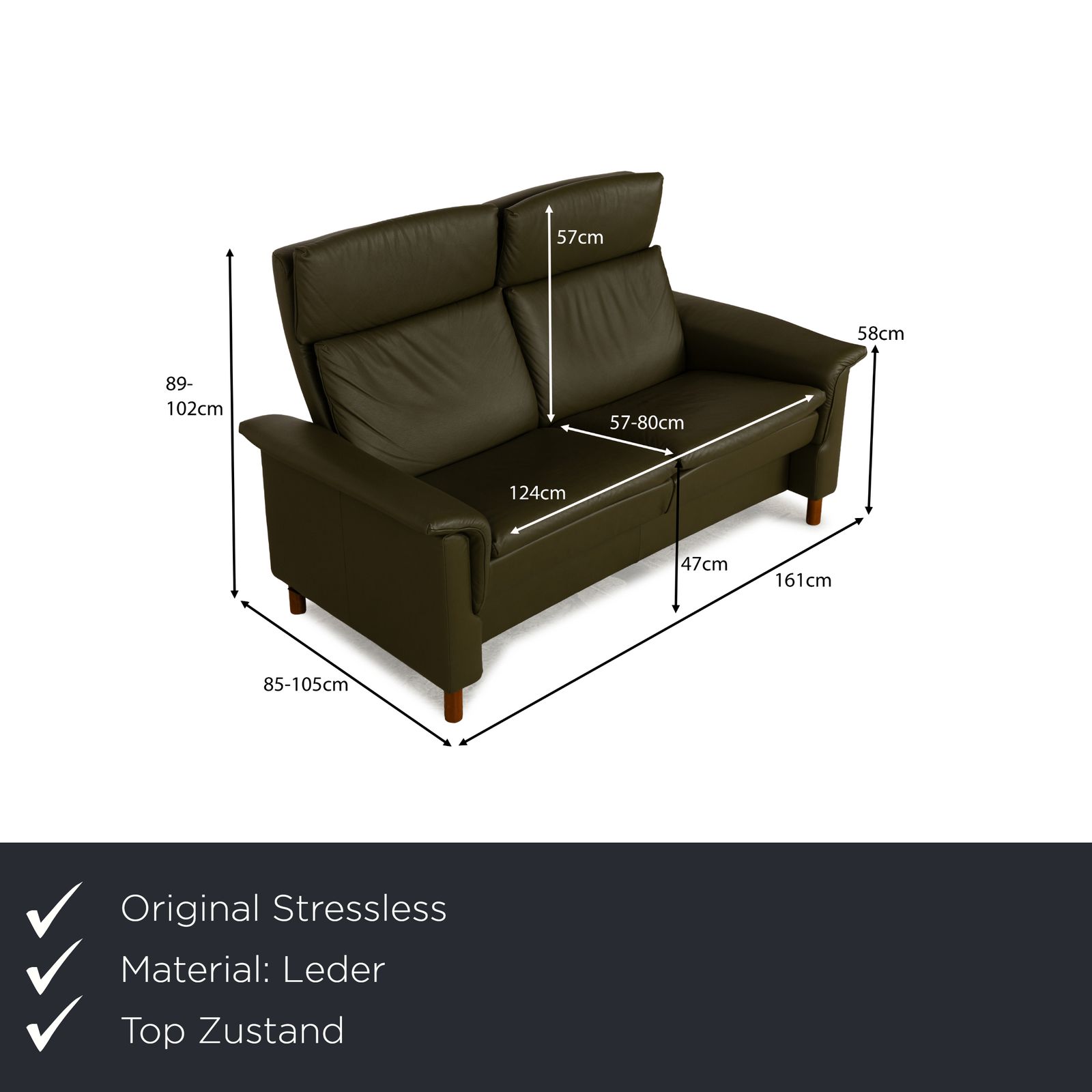 Canapé 2 places Stressless Aurora en cuir vert foncé, fonction manuelle photo furniture