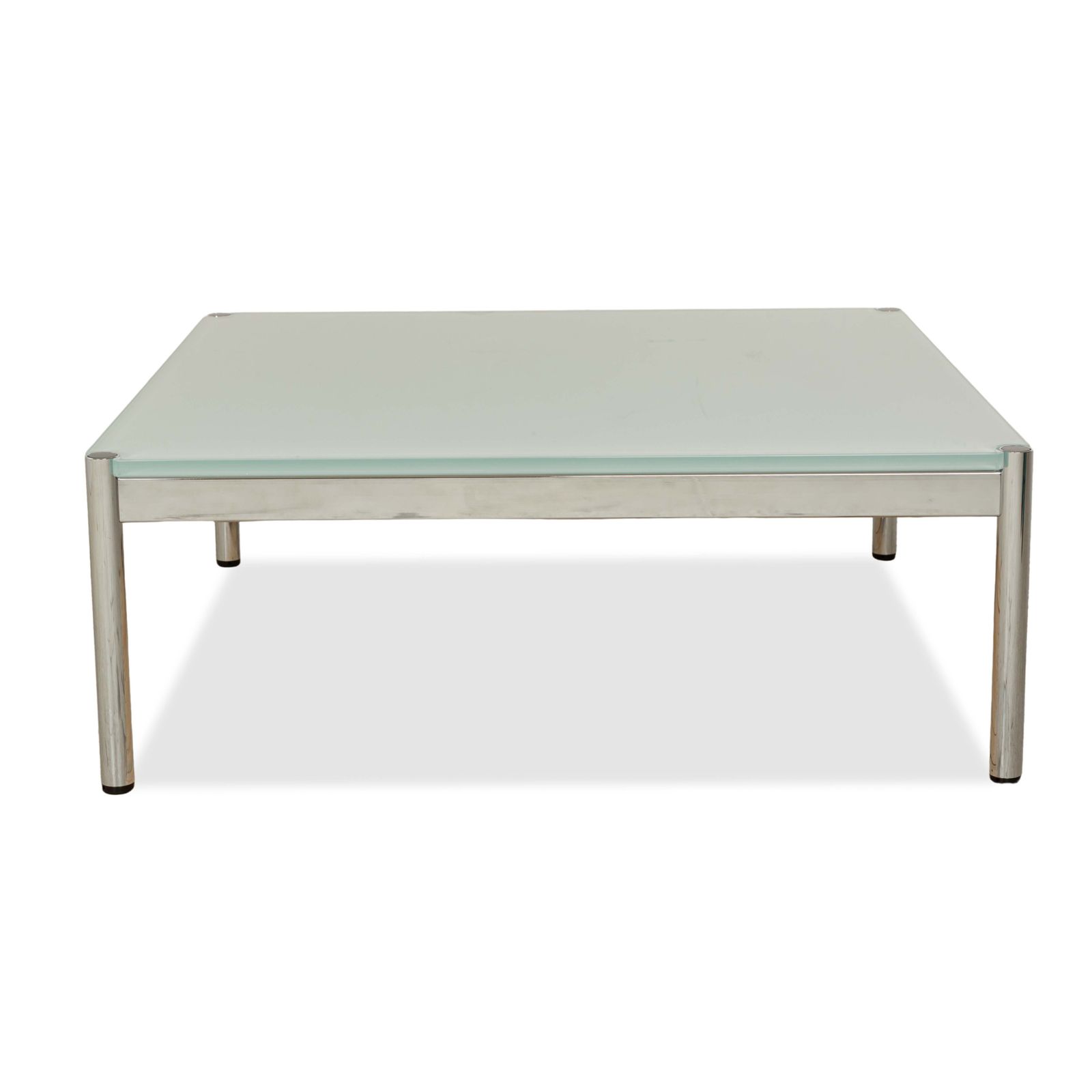 Table basse USM Haller en verre bleu, argentée, 101 x 101 cm photo vintage