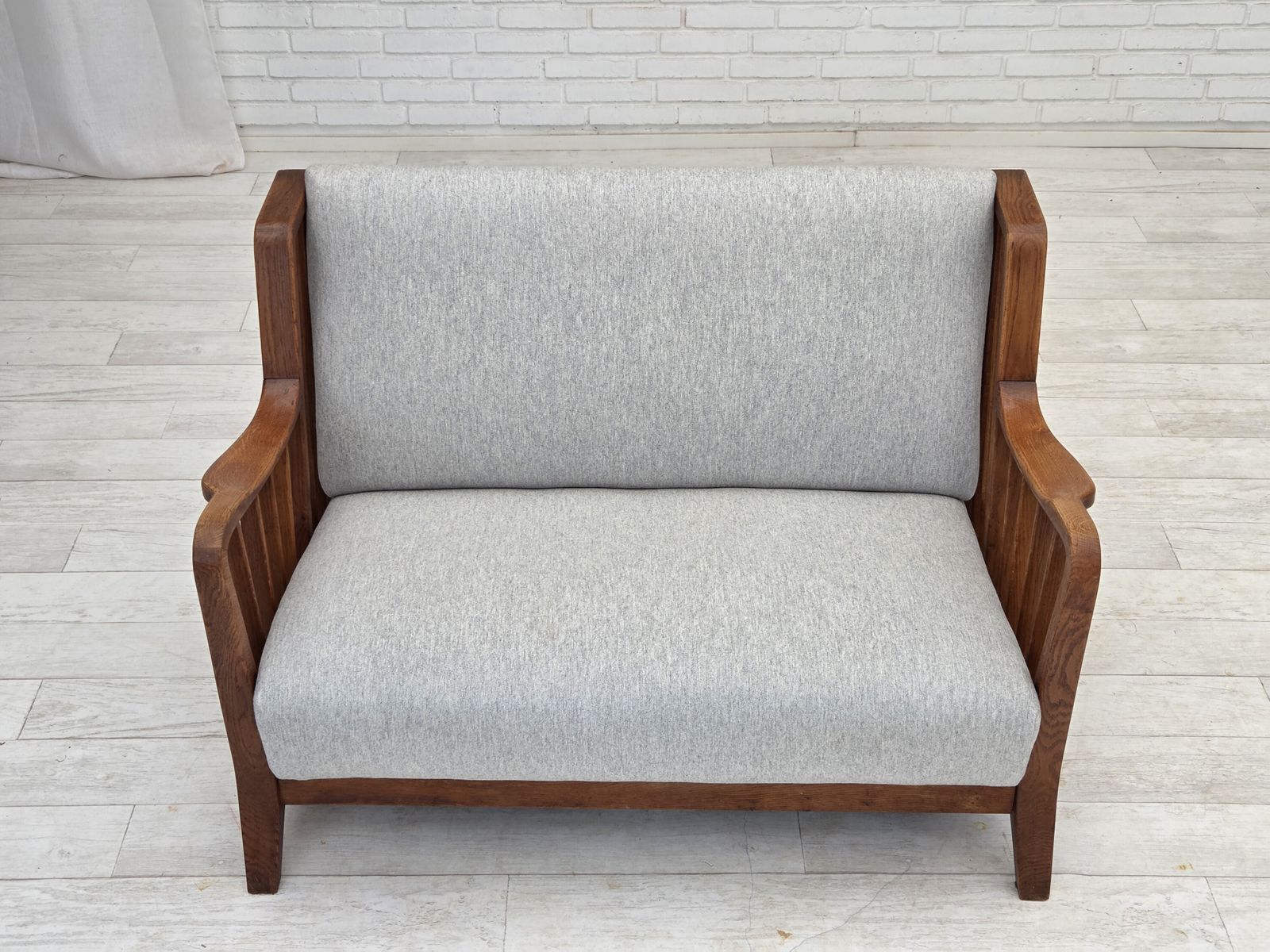 photo furniture 1950s, Scandinavian 2 Seater Sofa, Reupholstered, Furniture Wool, Oak.