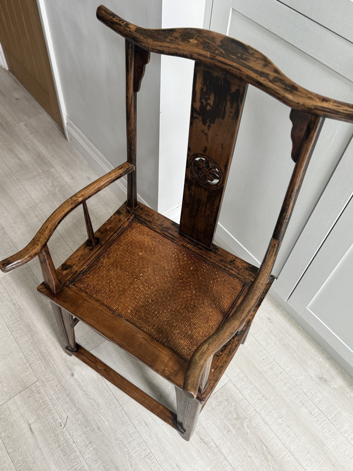 19th/20th Century Chinese Elm Chair With A Carved Pierced Splat And Caned Seat photo for sale