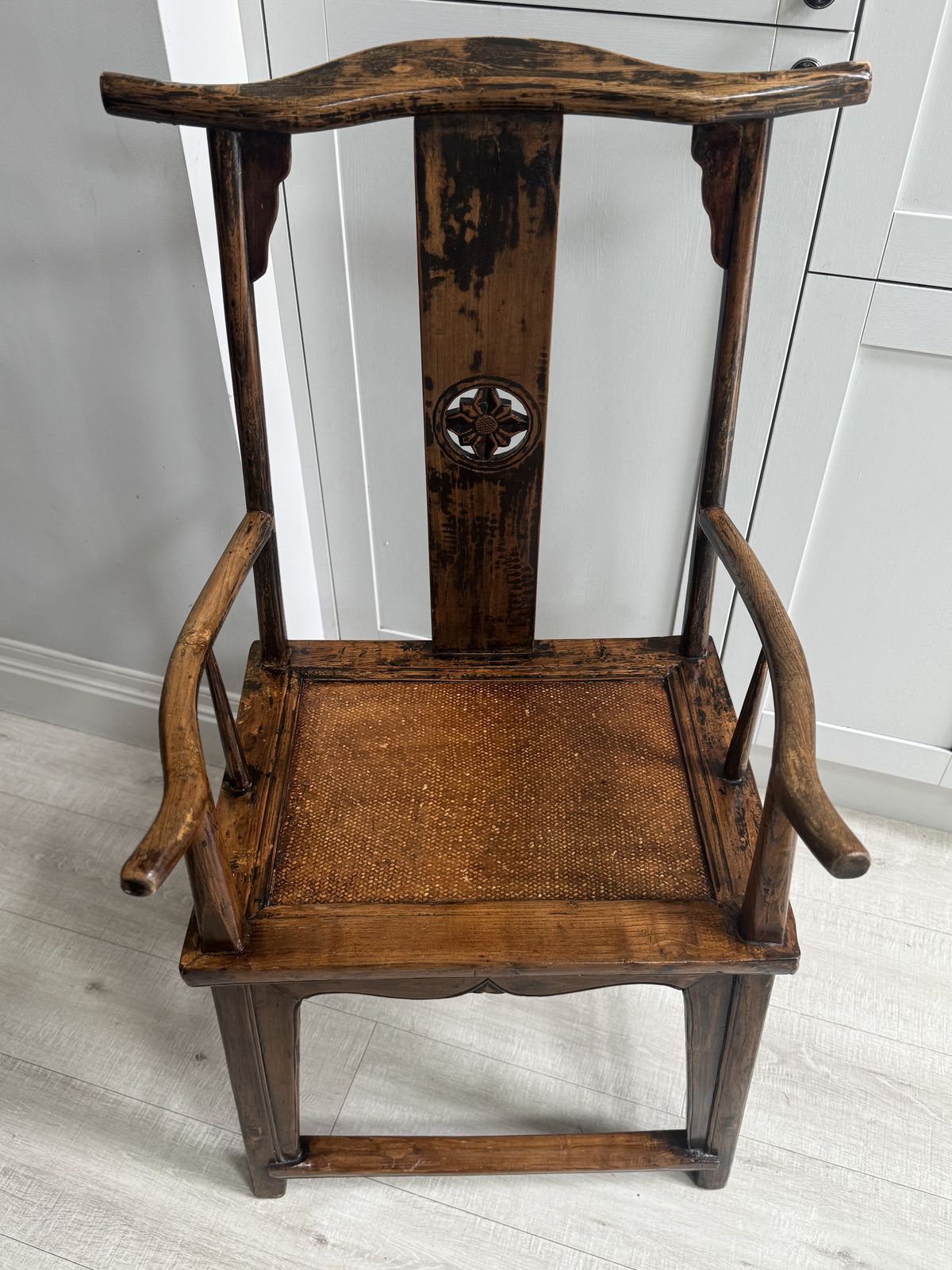 19th/20th Century Chinese Elm Chair With A Carved Pierced Splat And Caned Seat photo Furniture