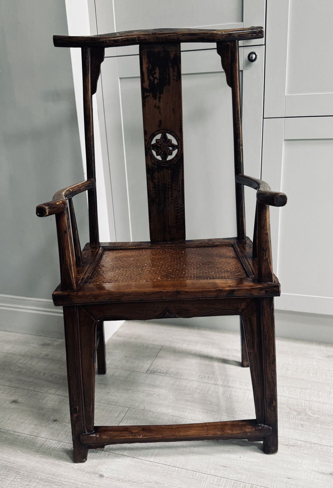 19th/20th Century Chinese Elm Chair With A Carved Pierced Splat And Caned Seat photo buy
