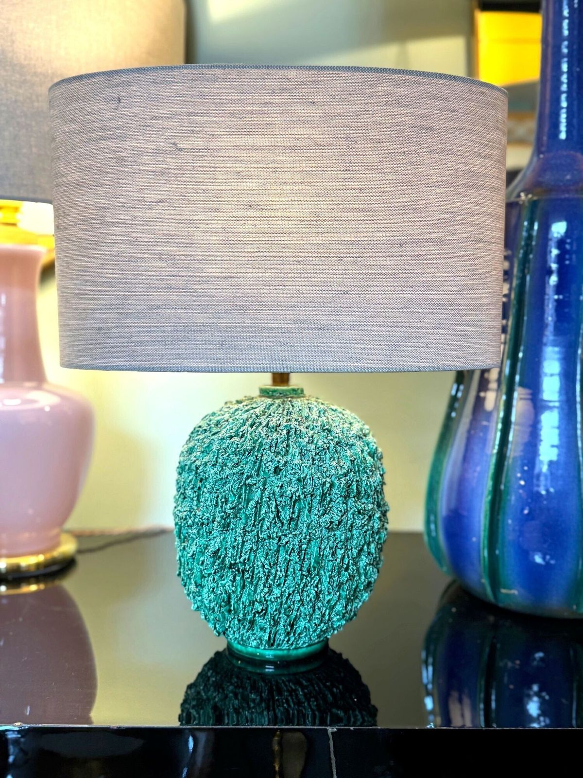 photo for sale A 1950s Studio Pottery "Hedgehog" Lamp By Gunnar Nylund For Rörstrand In Vibrant Green.