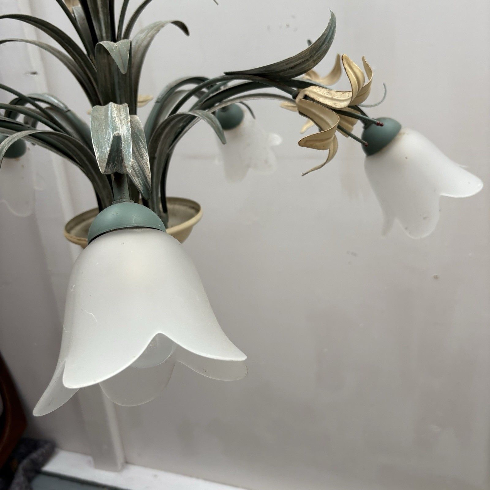 Large Vintage French Foliage And Tulip Hanging Lamp Chandelier 1980s photo for sale