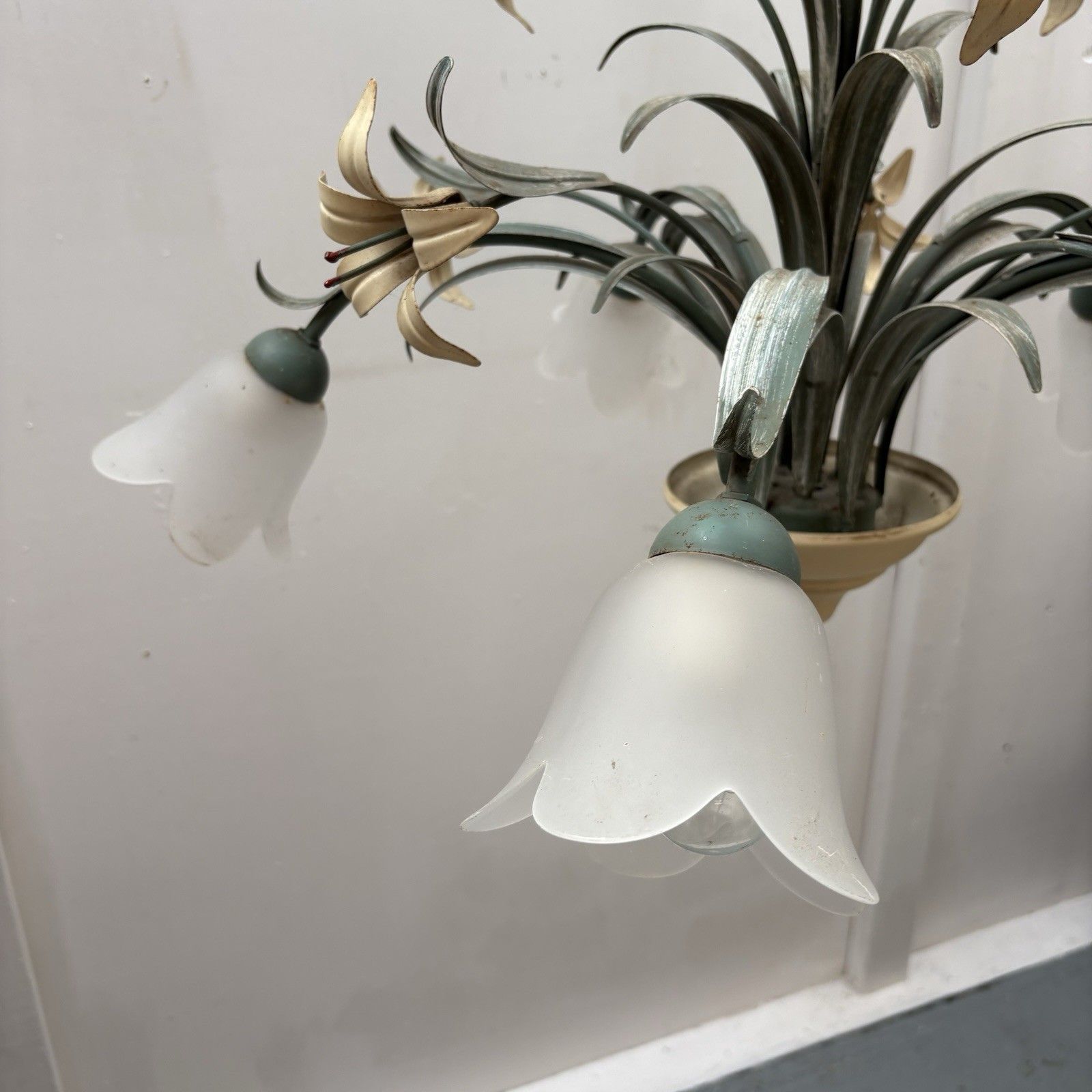 Large Vintage French Foliage And Tulip Hanging Lamp Chandelier 1980s photo Lighting