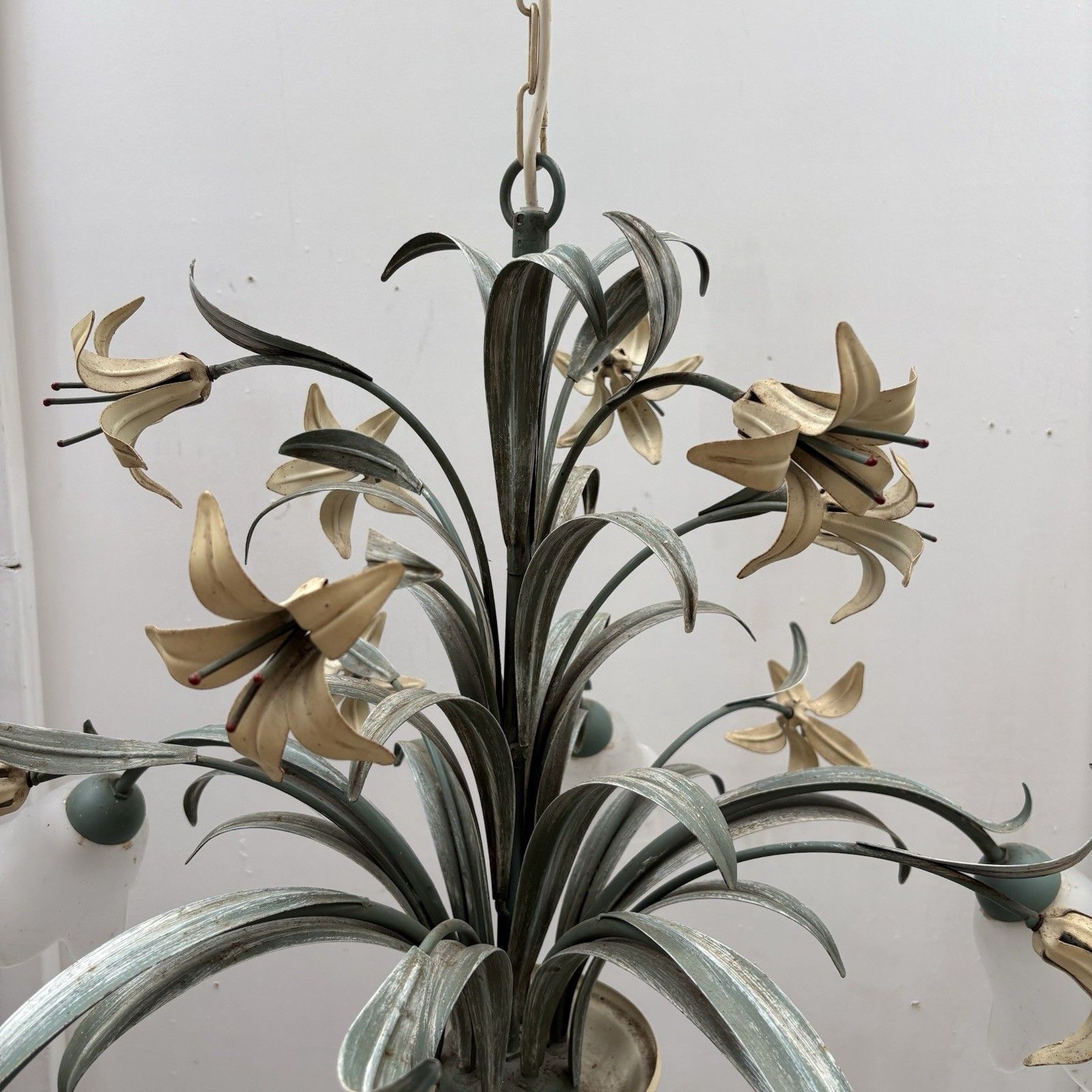 Large Vintage French Foliage And Tulip Hanging Lamp Chandelier 1980s photo vintage