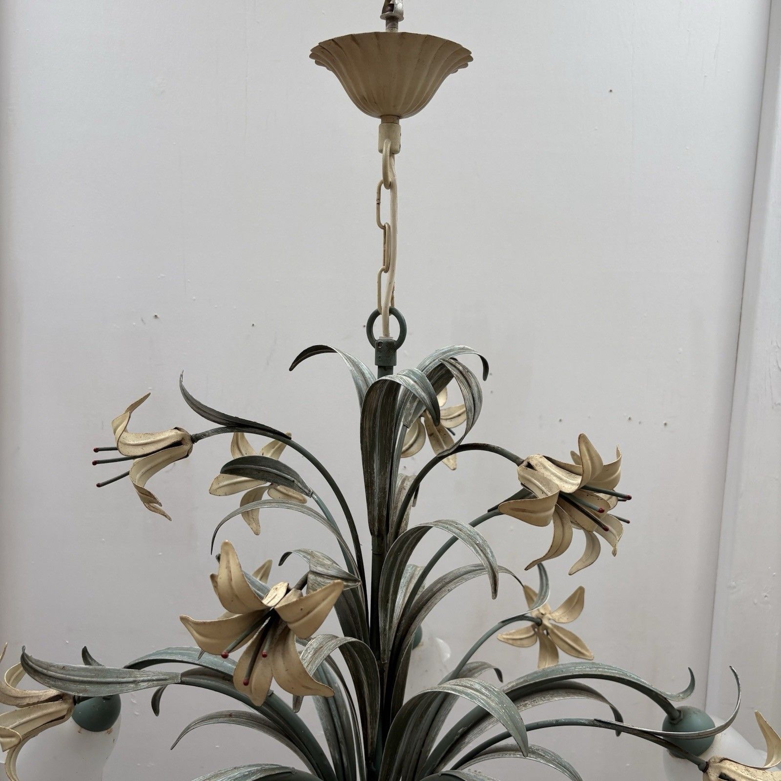 photo furniture Large Vintage French Foliage And Tulip Hanging Lamp Chandelier 1980s