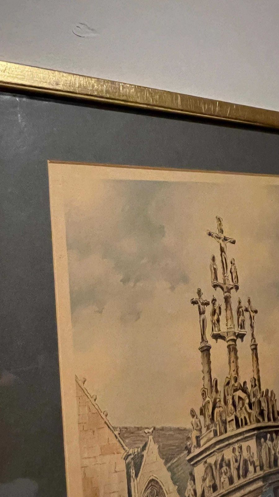 1930s French Lithograph “Calvaire De Plougonnec” By Baugé – Brittany Religious Procession Scene photo vintage