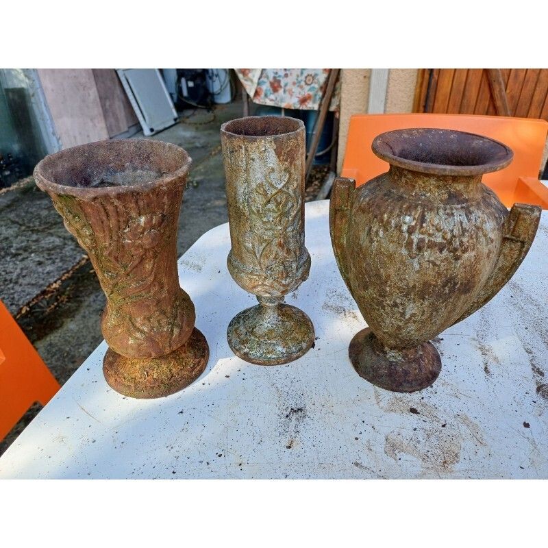 Set Of 3 Cast Iron Vases 1900 From Charleville   Mézières photo vintage