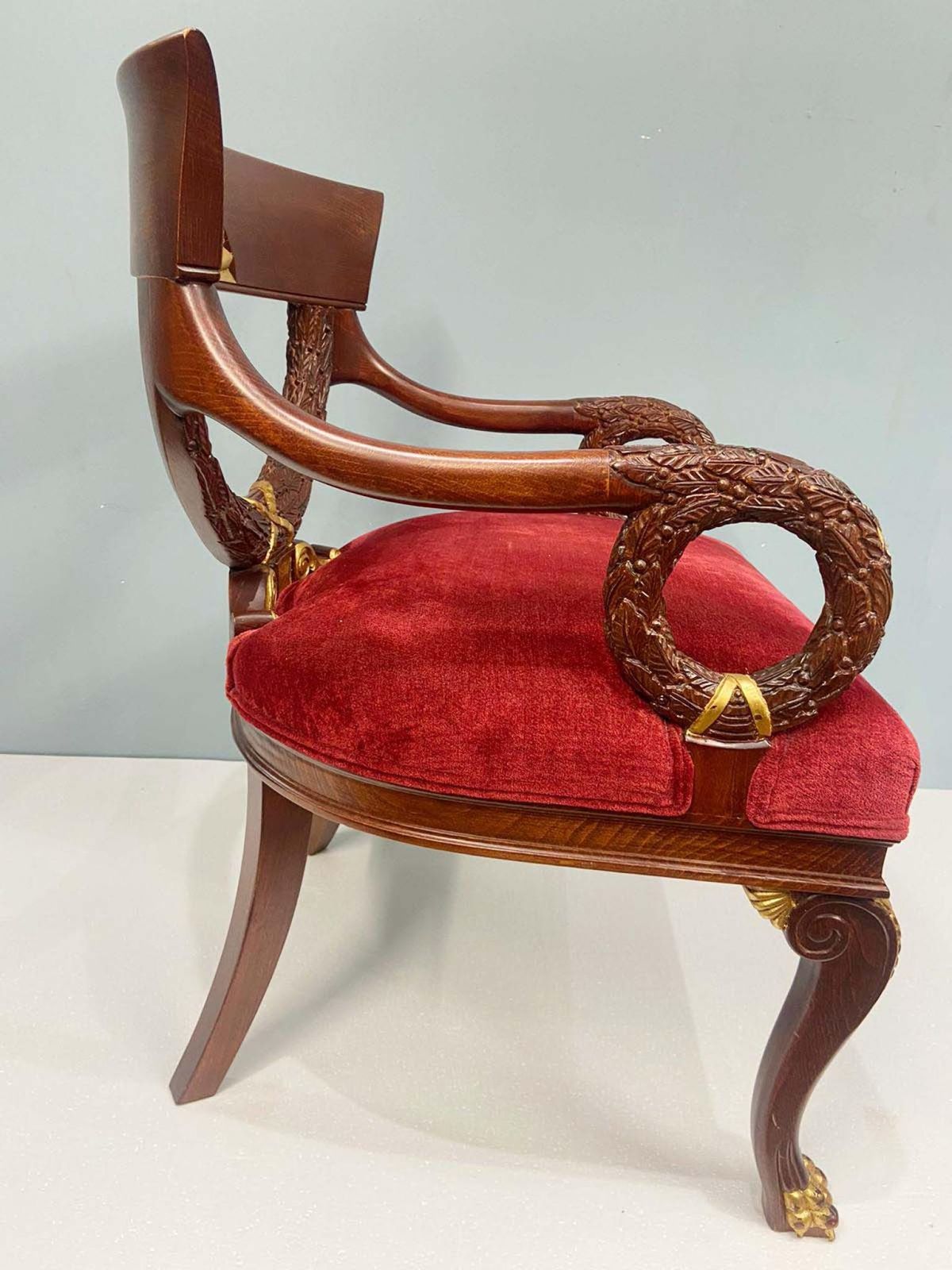 Pair Regency Arm Chairs Carved Mahogany Gilt Revival photo vinterior