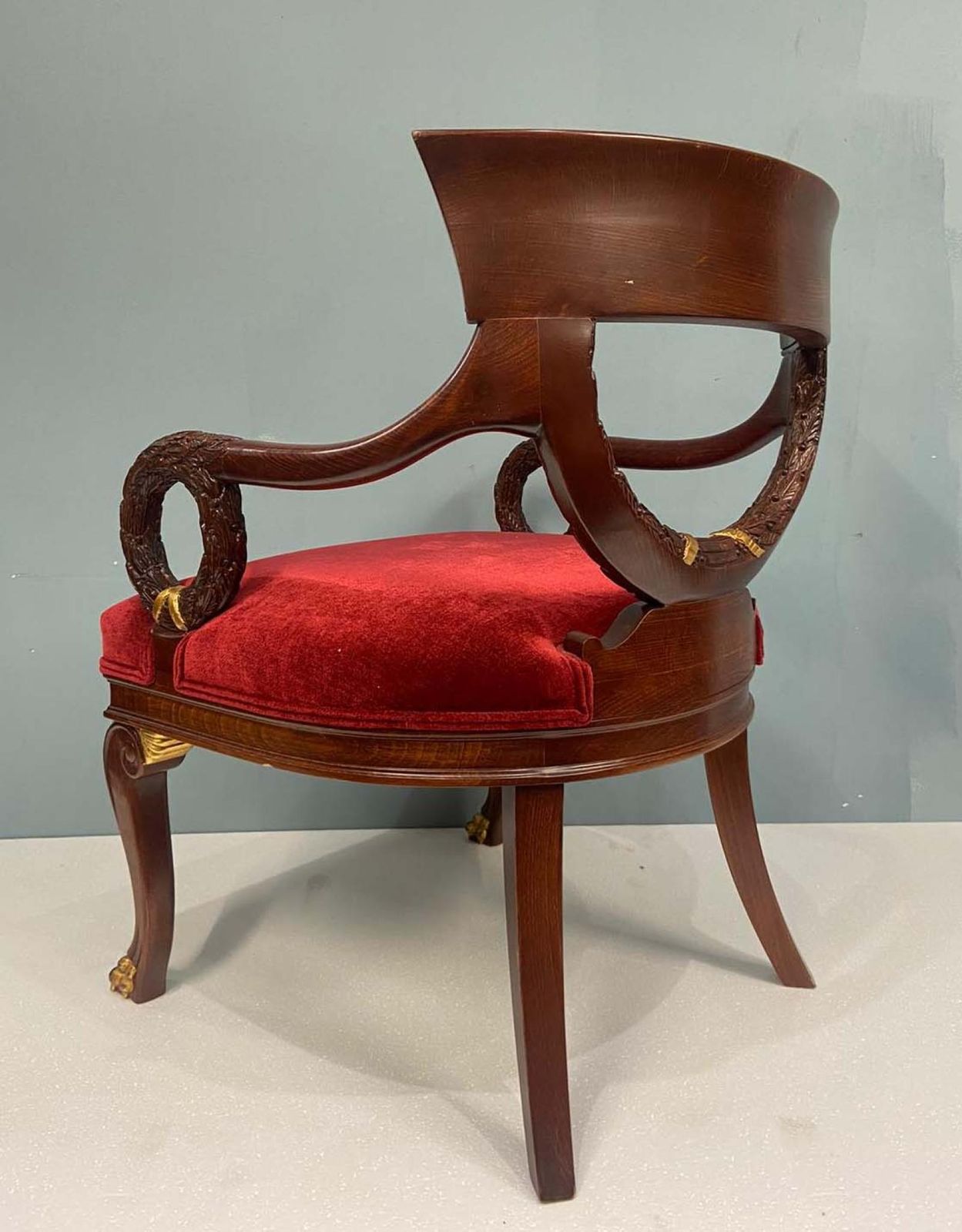 Pair Regency Arm Chairs Carved Mahogany Gilt Revival photo buy