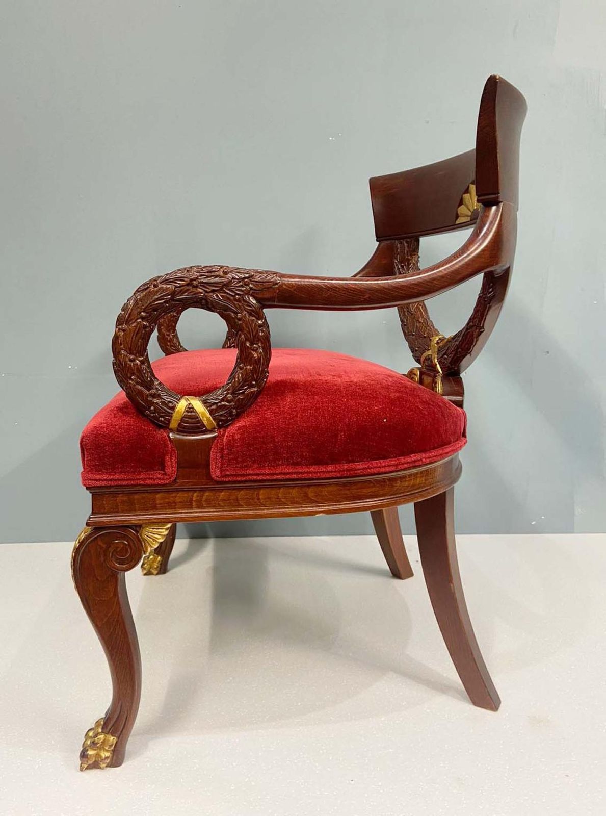 photo furniture Pair Regency Arm Chairs Carved Mahogany Gilt Revival