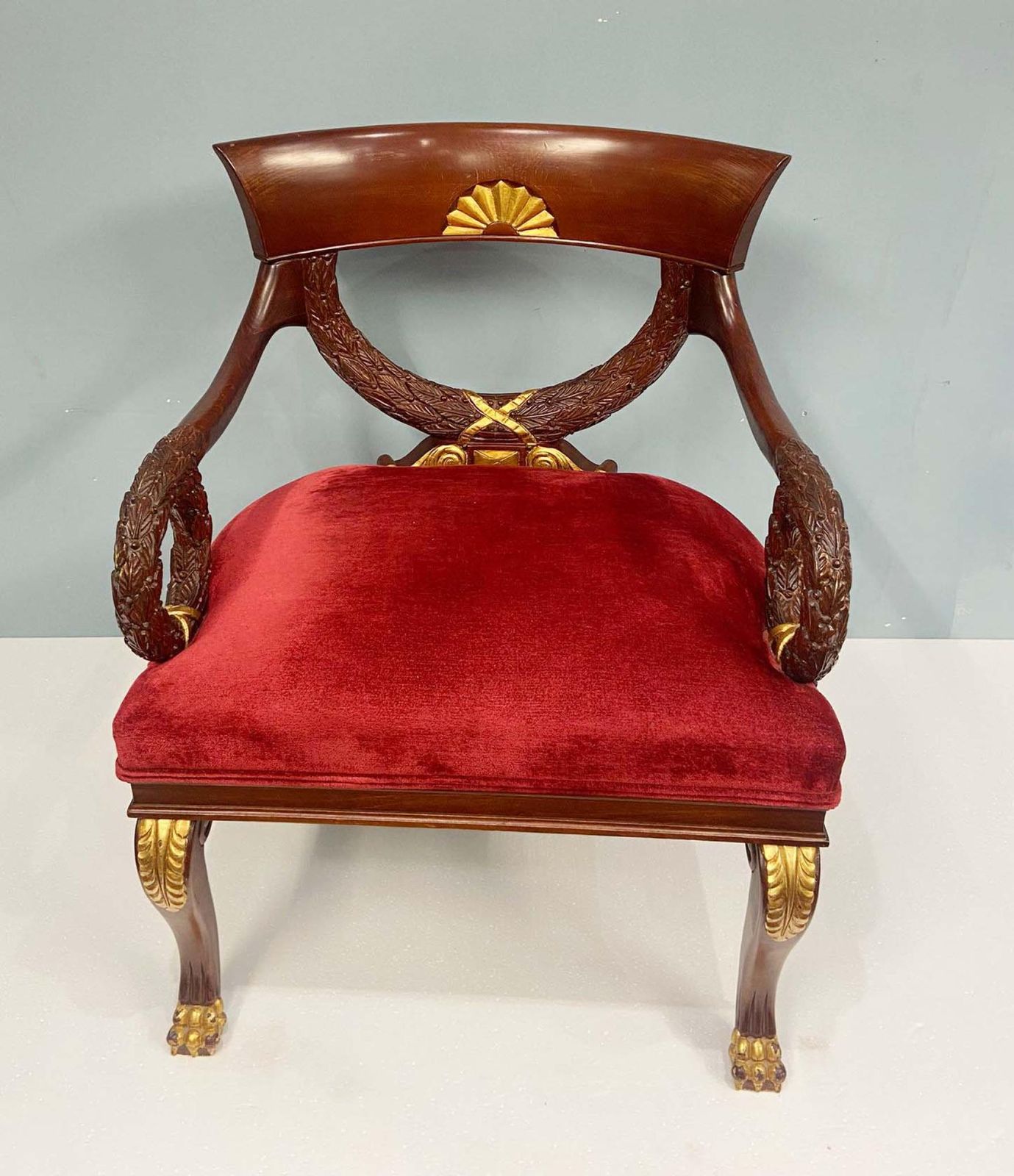 photo for sale Pair Regency Arm Chairs Carved Mahogany Gilt Revival
