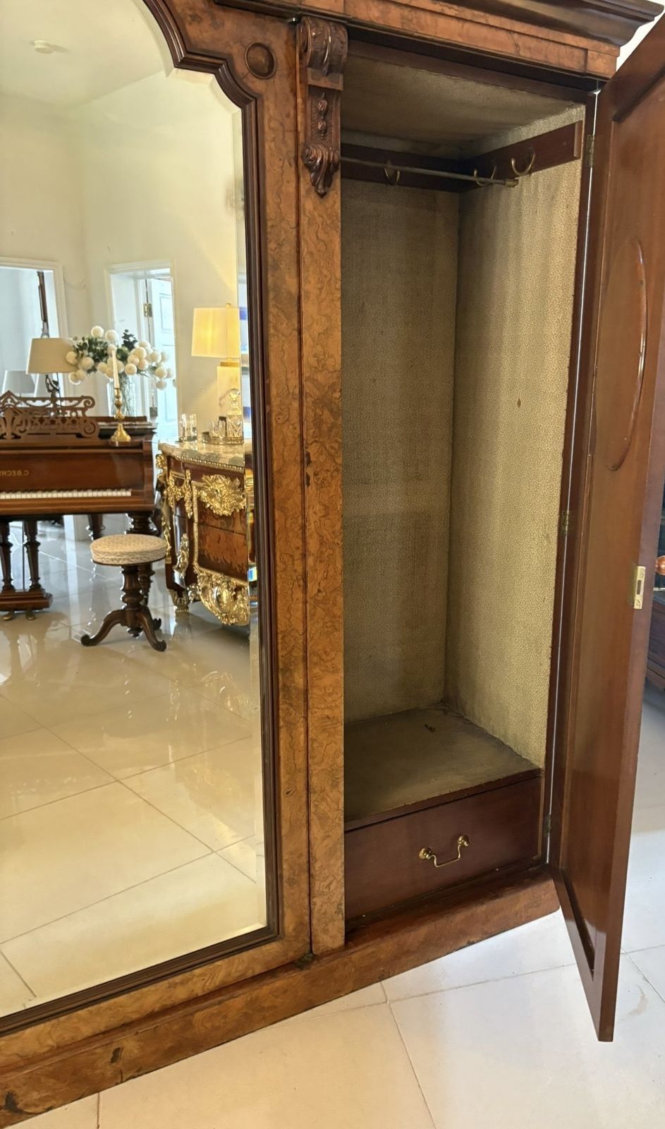Outstanding Quality Large Antique 19th Century Unusual Carved Burr Walnut Wardrobe photo Furniture