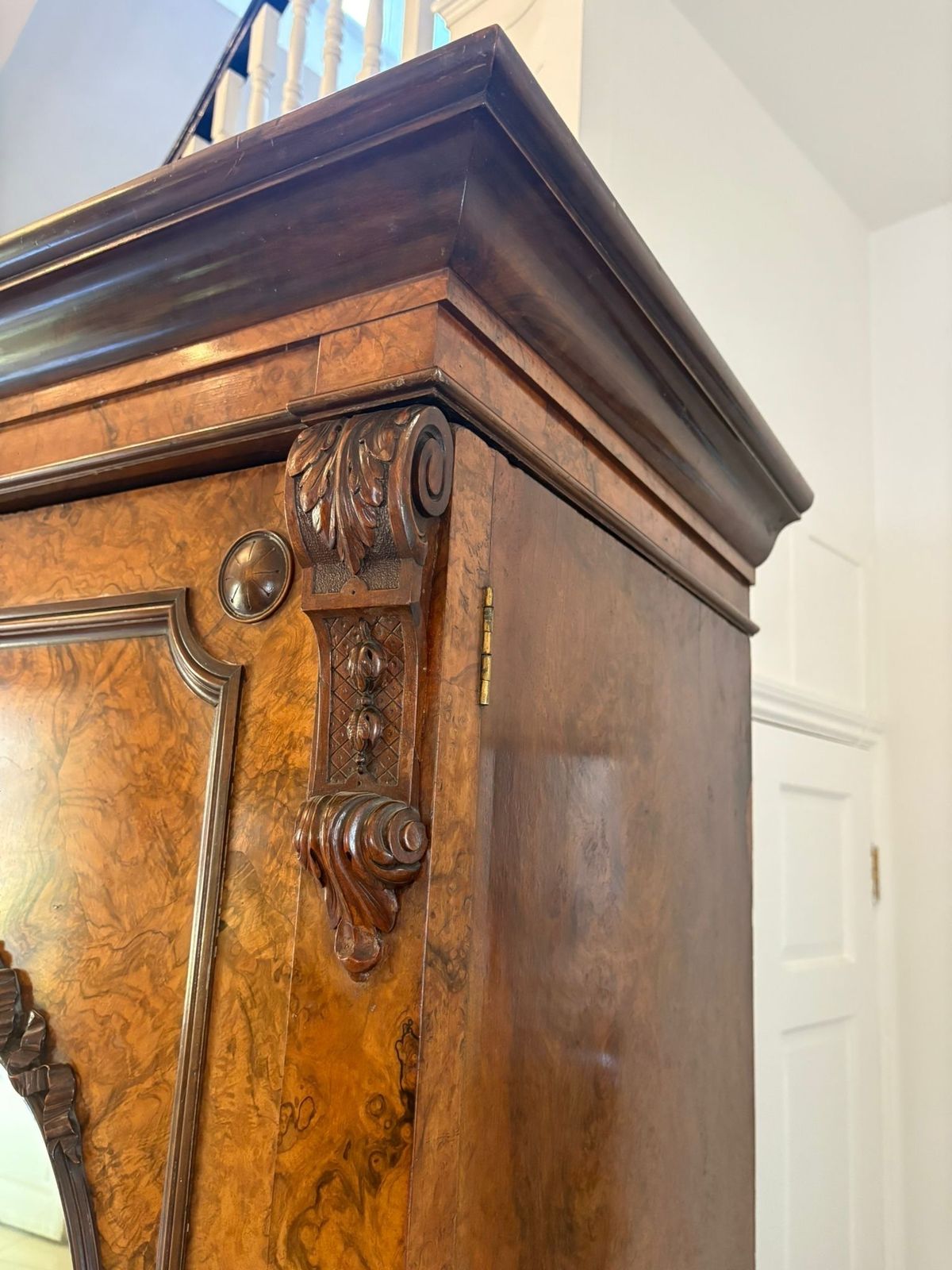 Furniture Outstanding Quality Large Antique 19th Century Unusual Carved Burr Walnut Wardrobe photo