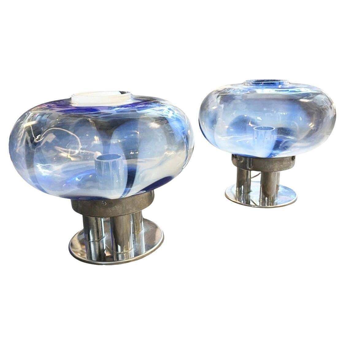 Two 1970s Space Age Murano Glass And Steel Table Lamps By Mazzega