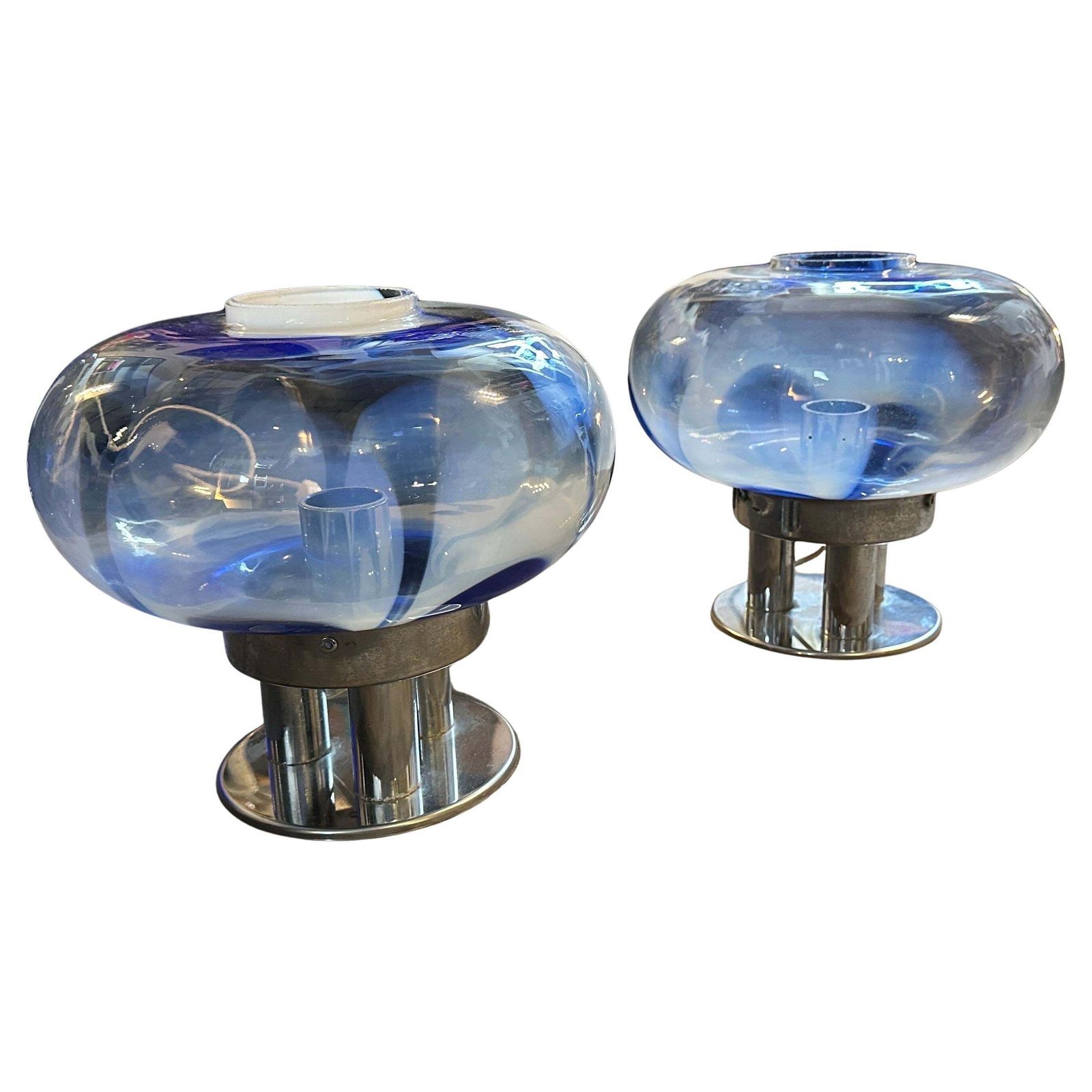 Two 1970s Space Age Murano Glass And Steel Table Lamps By Mazzega photo furniture