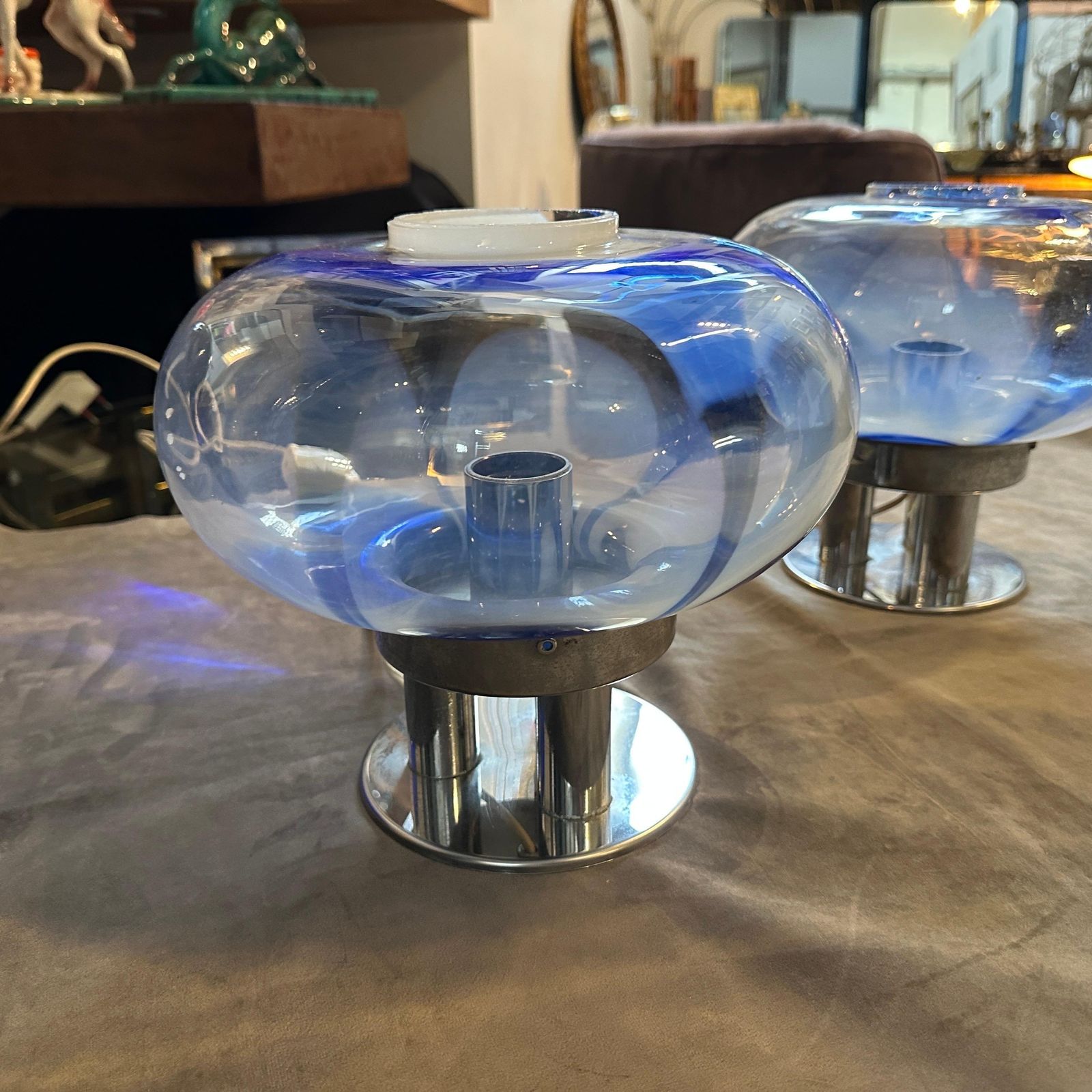 photo buy Two 1970s Space Age Murano Glass And Steel Table Lamps By Mazzega