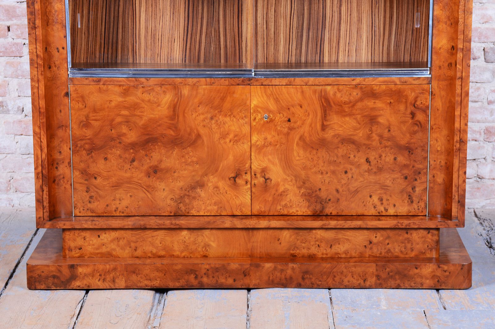Furniture Restored Art Deco Bookcase, Elm, Mahogany, Zebrano, Polished, France, 1920s photo