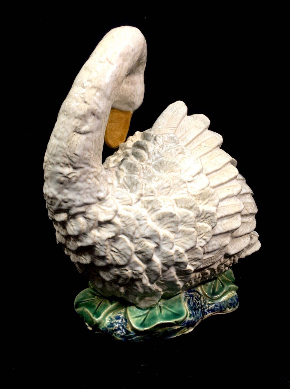 Antique 20th Century Large Sized Ceramic Swan Statue Figurine In Majolica Style photo furniture