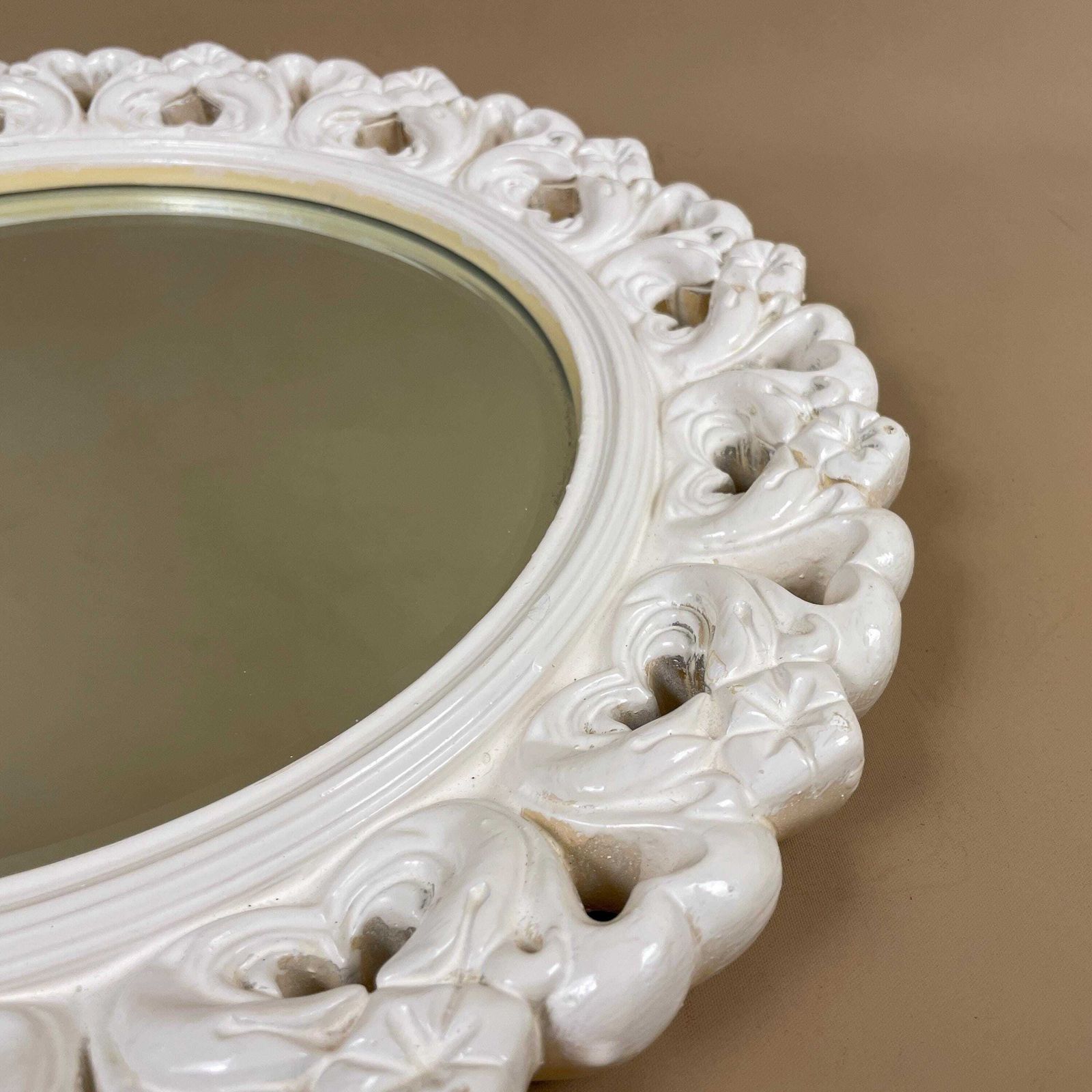 Vintage White Plaster Wall Mirror Medium Round Circle Ornate Detailed Frame Vanity Dressing Room Antique Bedroom Hallway photo for sale
