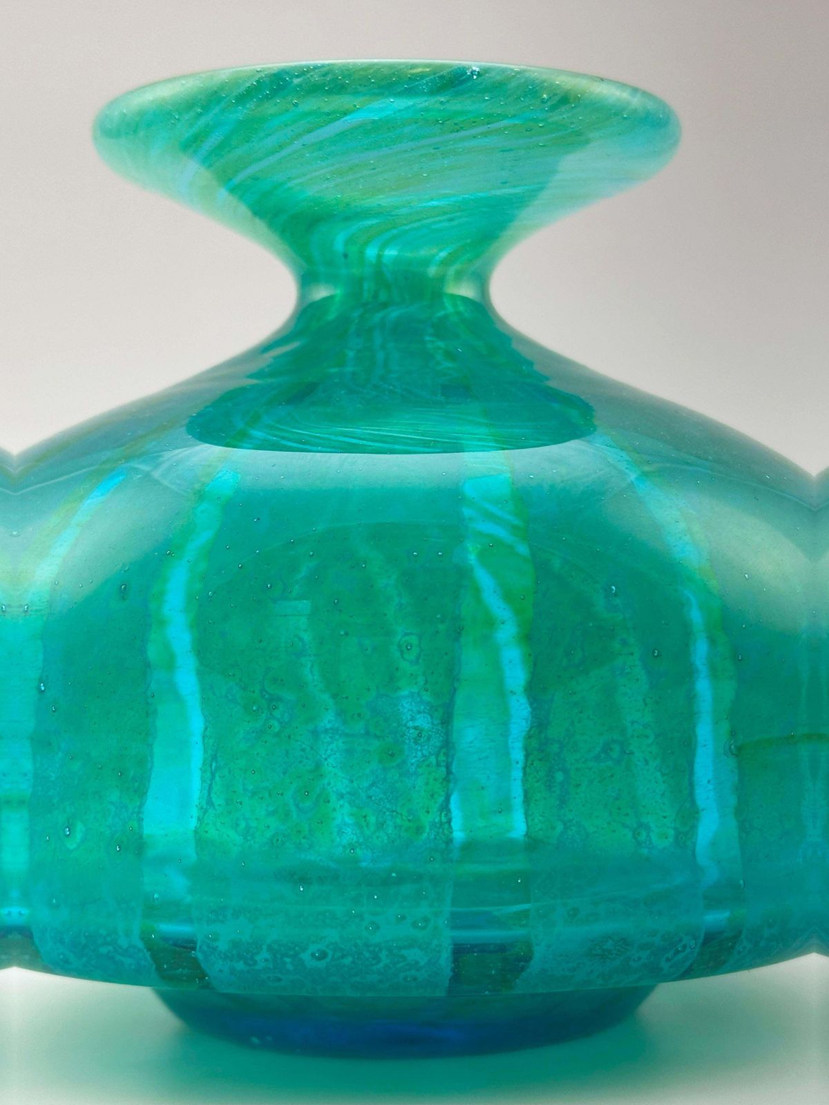 Squat Bottle Vase, Turquoise And Green, Ming Pattern, Mdina Glass, Malta, 1970s photo Home Decor