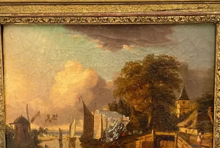 Oil On Canvas "Animate Landscape" Wooden Frame And Gilded Stucco 19th Century photo Art