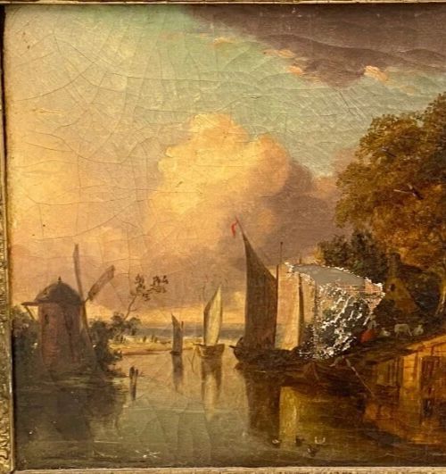 photo for sale Oil On Canvas "Animate Landscape" Wooden Frame And Gilded Stucco 19th Century