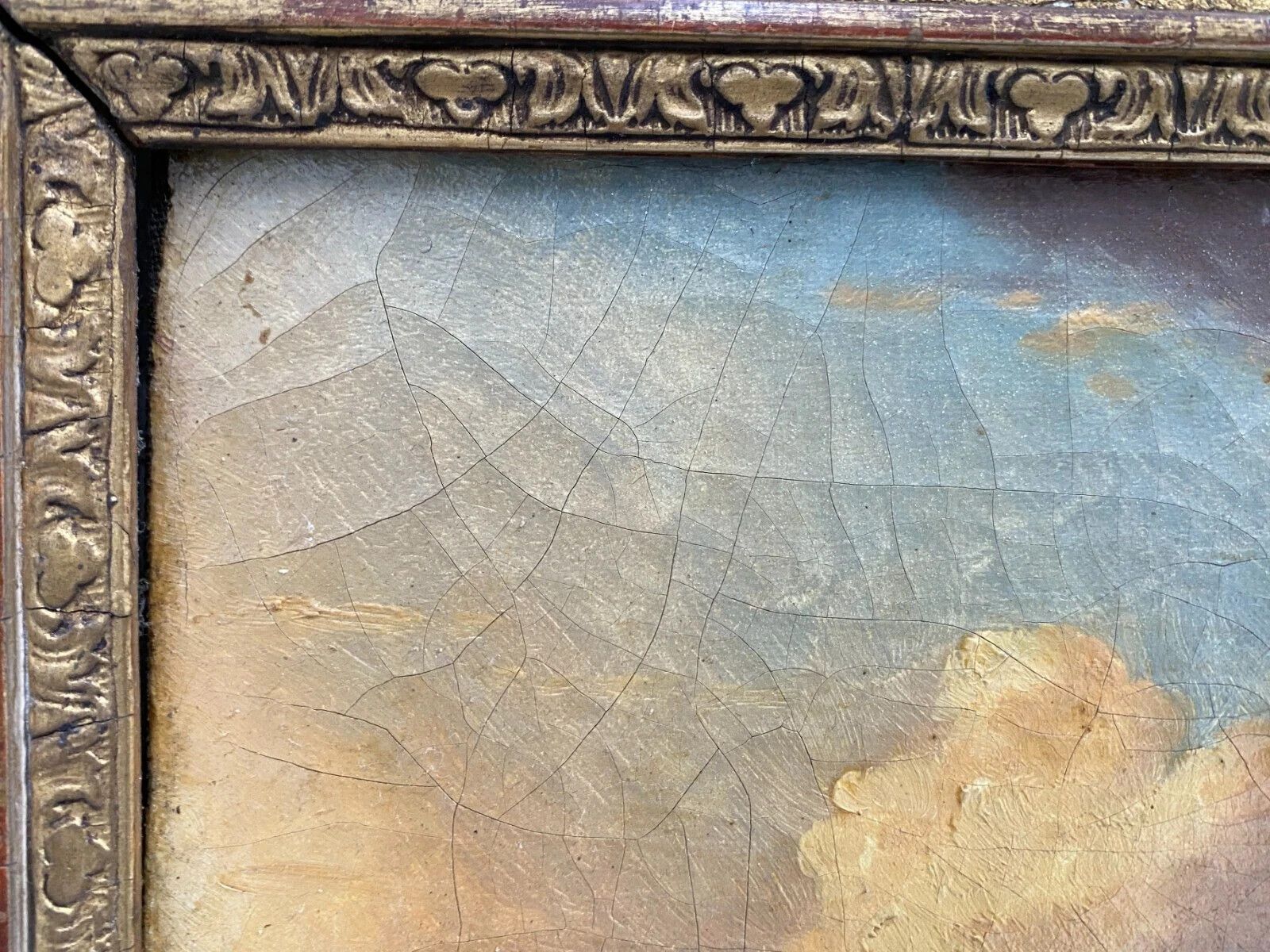 photo vintage Oil On Canvas "Animate Landscape" Wooden Frame And Gilded Stucco 19th Century