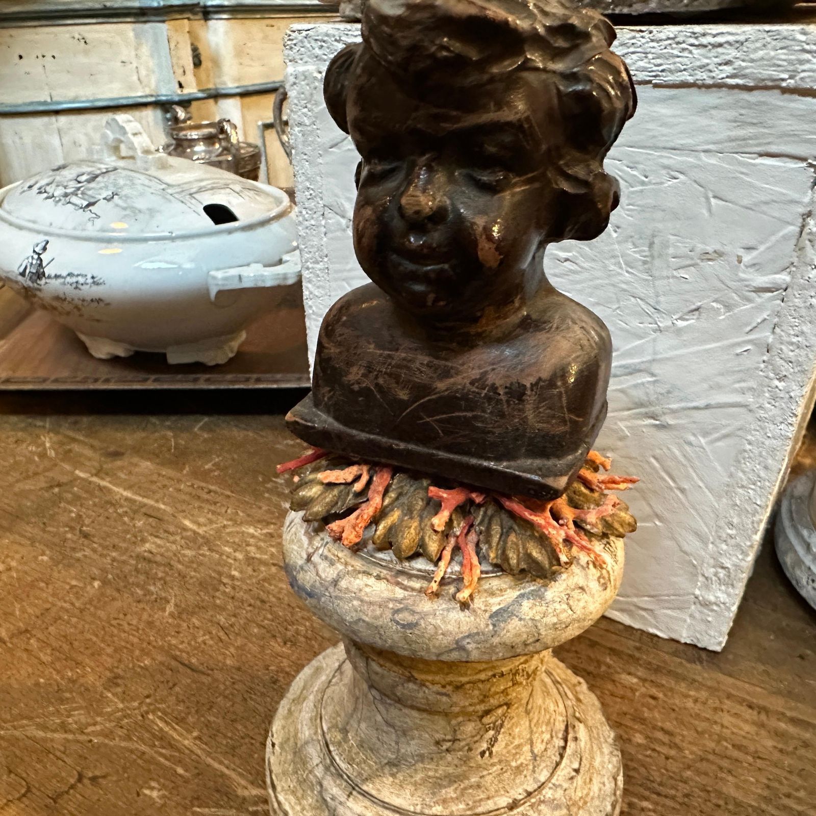 photo for sale A Baroque Revival Wood Bust Of A Putto On A Fake Marble Lacquered Wood Base