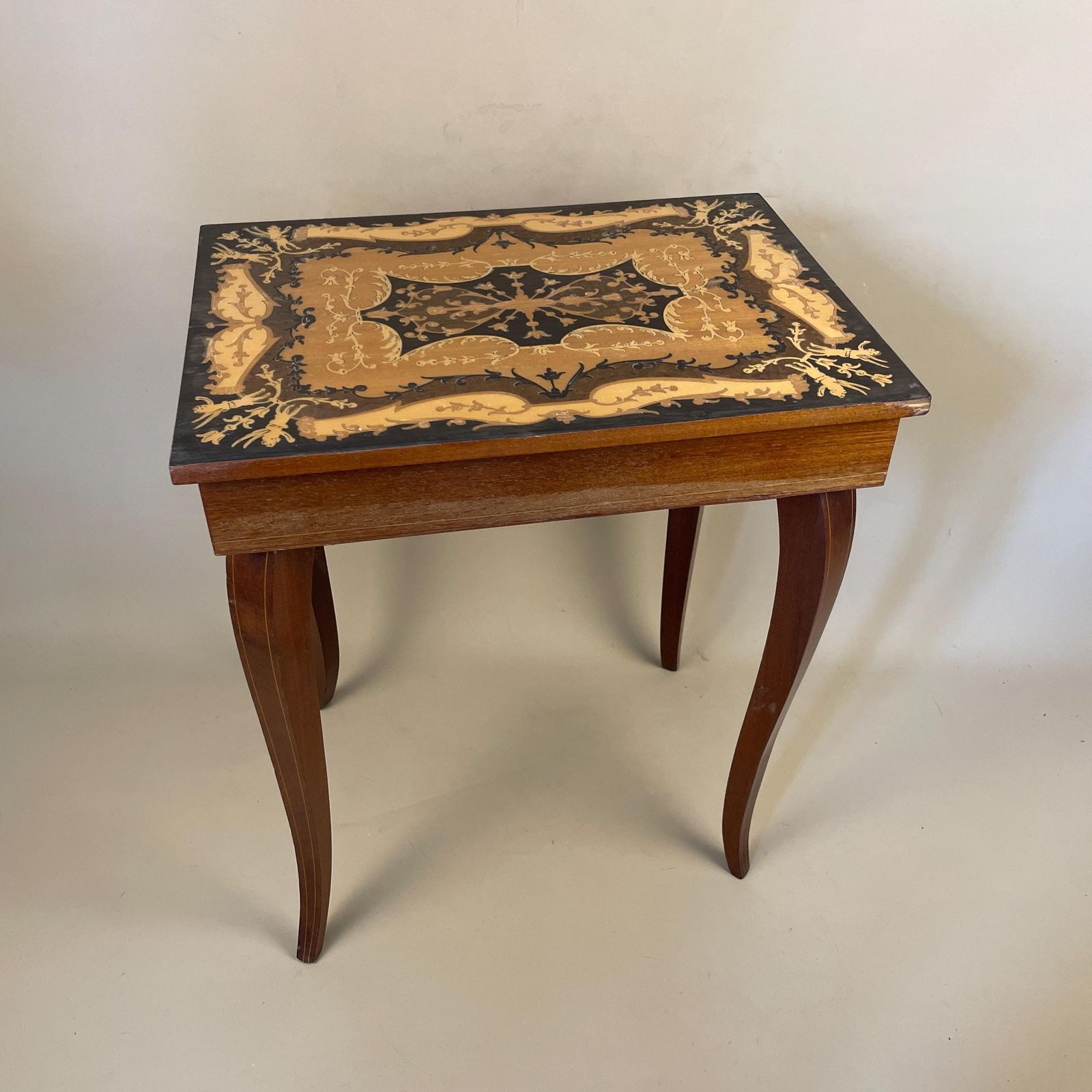 Antique Wooden Table Vintage Wood Side Musical Swiss Marquetry Patterned Reuge Side Coffee Console Hallway Plant Stand Rectangle Varnished