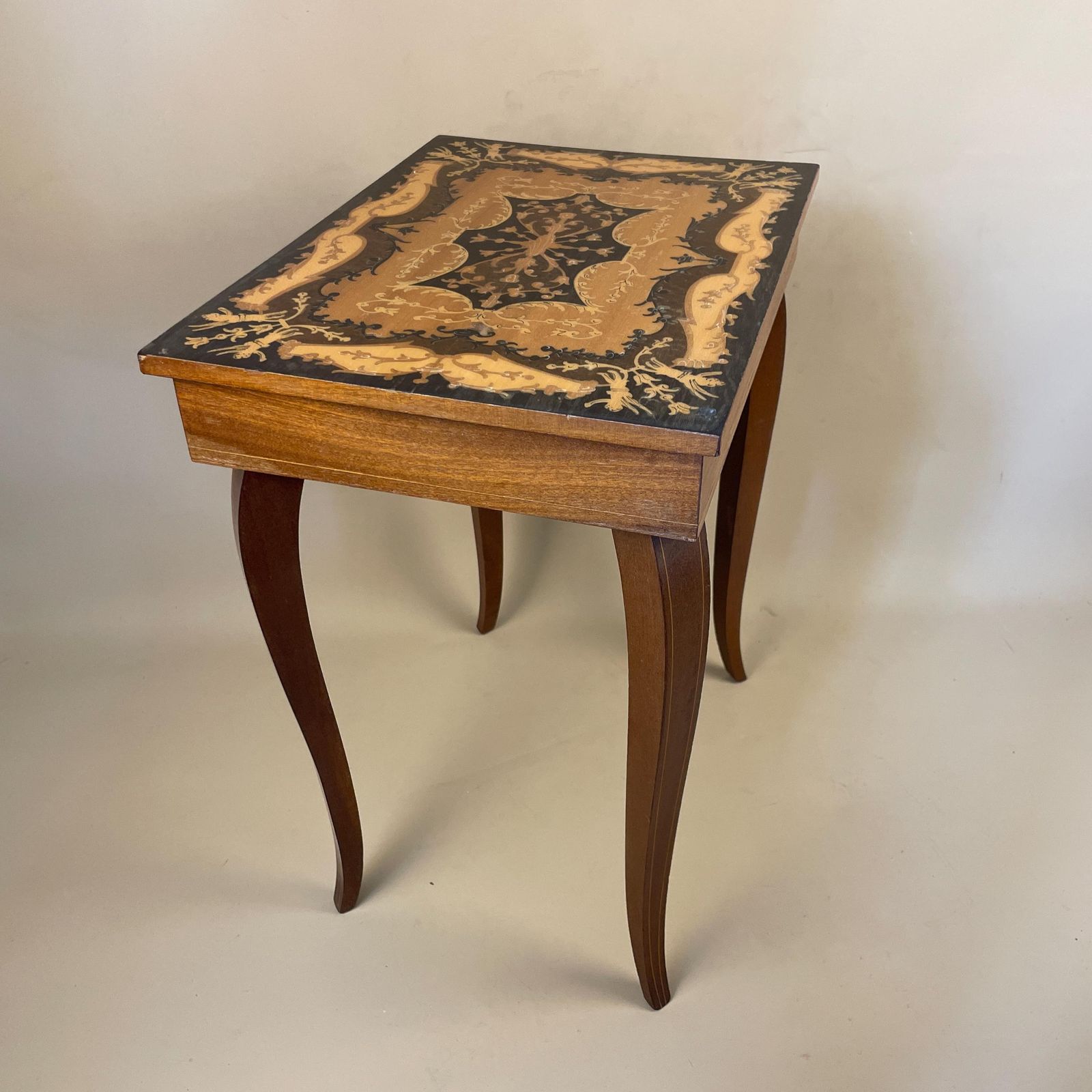 Antique Wooden Table Vintage Wood Side Musical Swiss Marquetry Patterned Reuge Side Coffee Console Hallway Plant Stand Rectangle Varnished photo buy