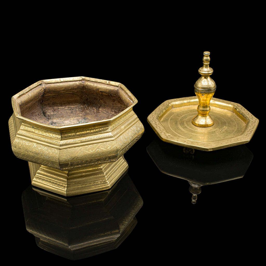 Antique Temple Betel Nut Dish, Indonesian, Engraved Brass Sireh Stand, Victorian photo furniture