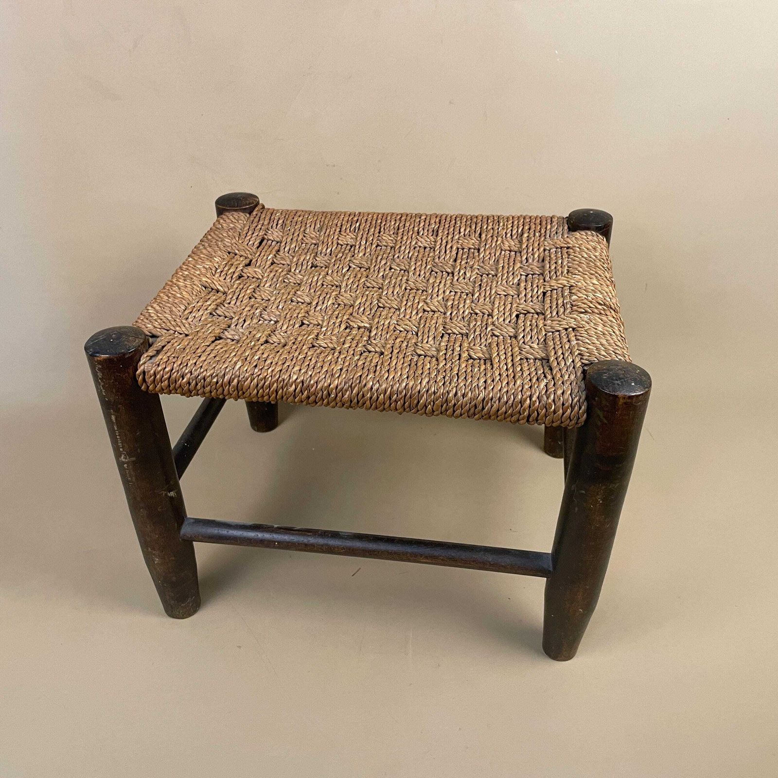 Antique Wooden Foot Stool Woven String Wood Cottage Furniture Rectangle Brown Hallway Seat 23.5x32x27cm Footstool Bench photo vinterior