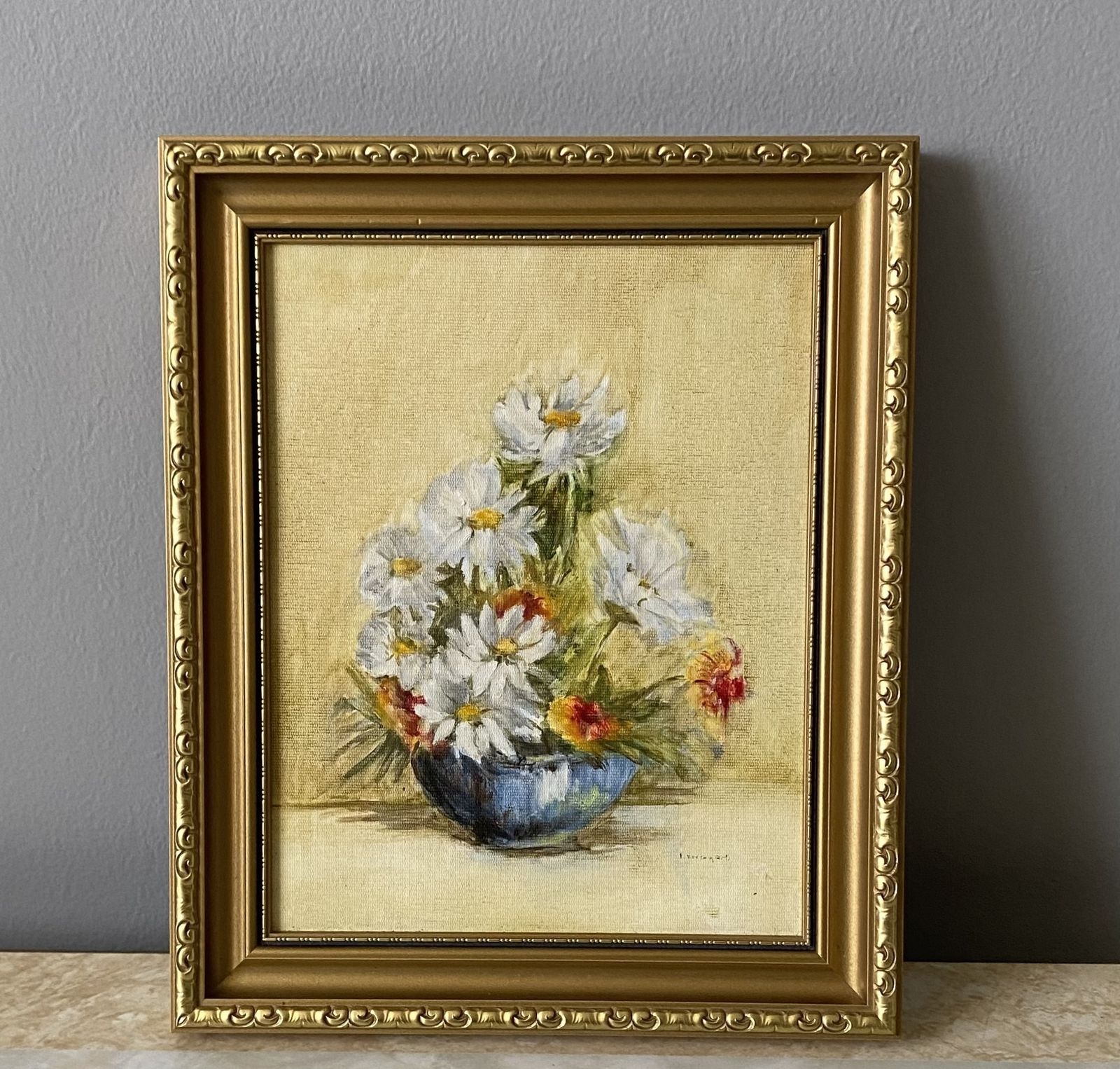 Vintage Still Life Signed And Framed Oil Painting Original Flower Design Daisies photo for sale