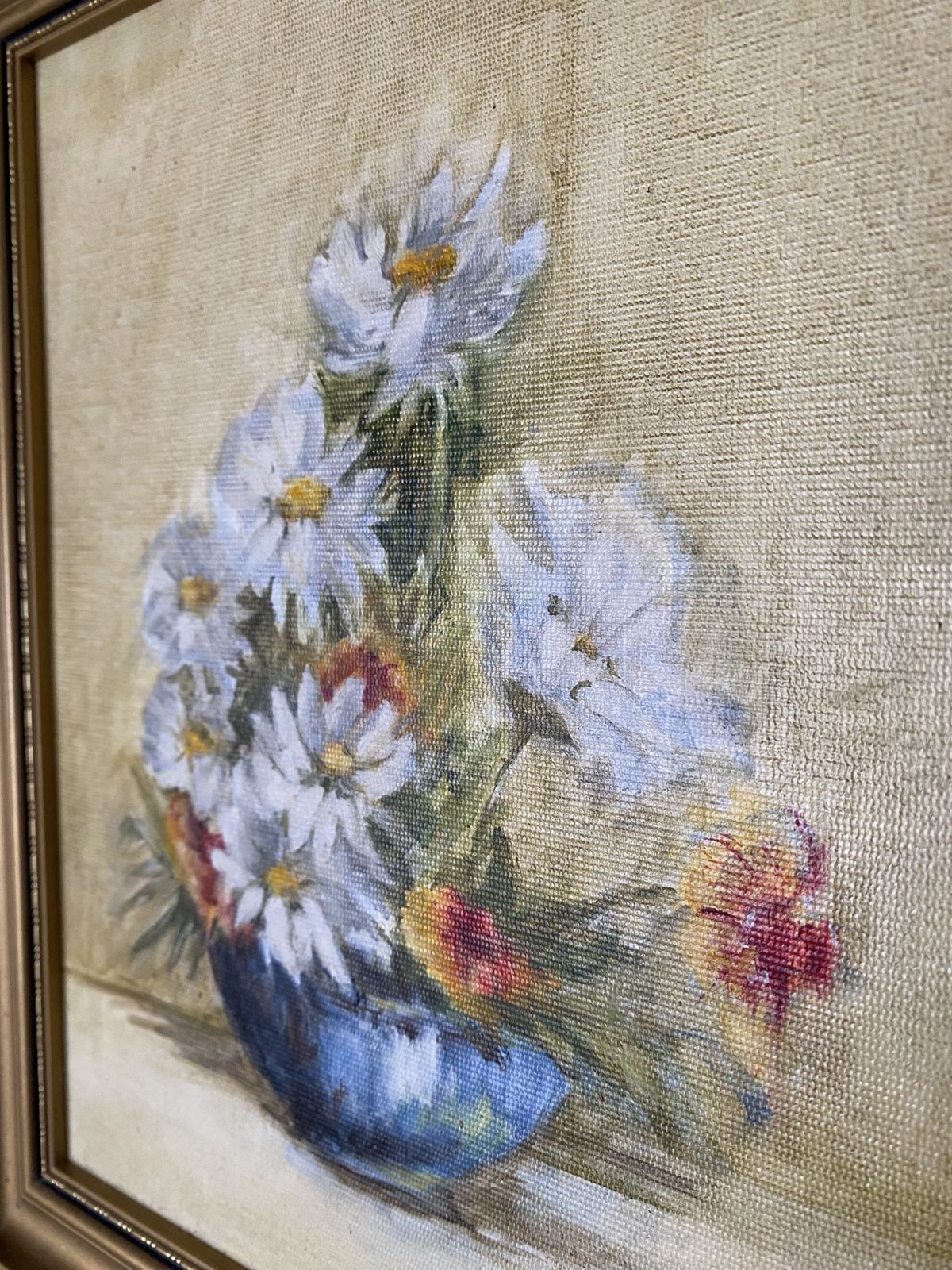 Vintage Still Life Signed And Framed Oil Painting Original Flower Design Daisies photo vinterior