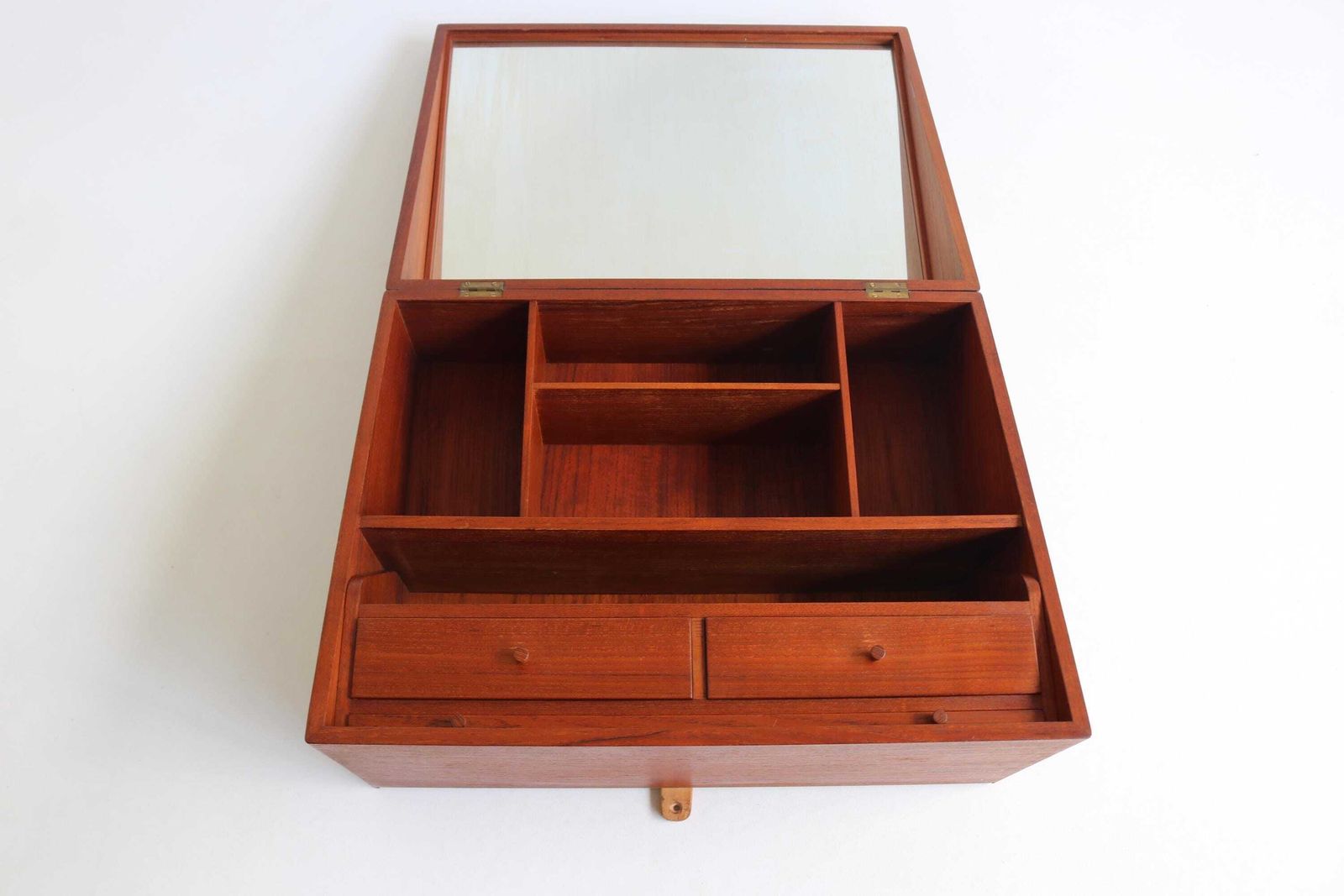 photo furniture Vintage Danish Teak Wall Mounted Vanity Cabinet By Poul Jensen & Knud Frandsen| Mid Century Scandinavian Modern Flip Top Mirror Cabinet 1960